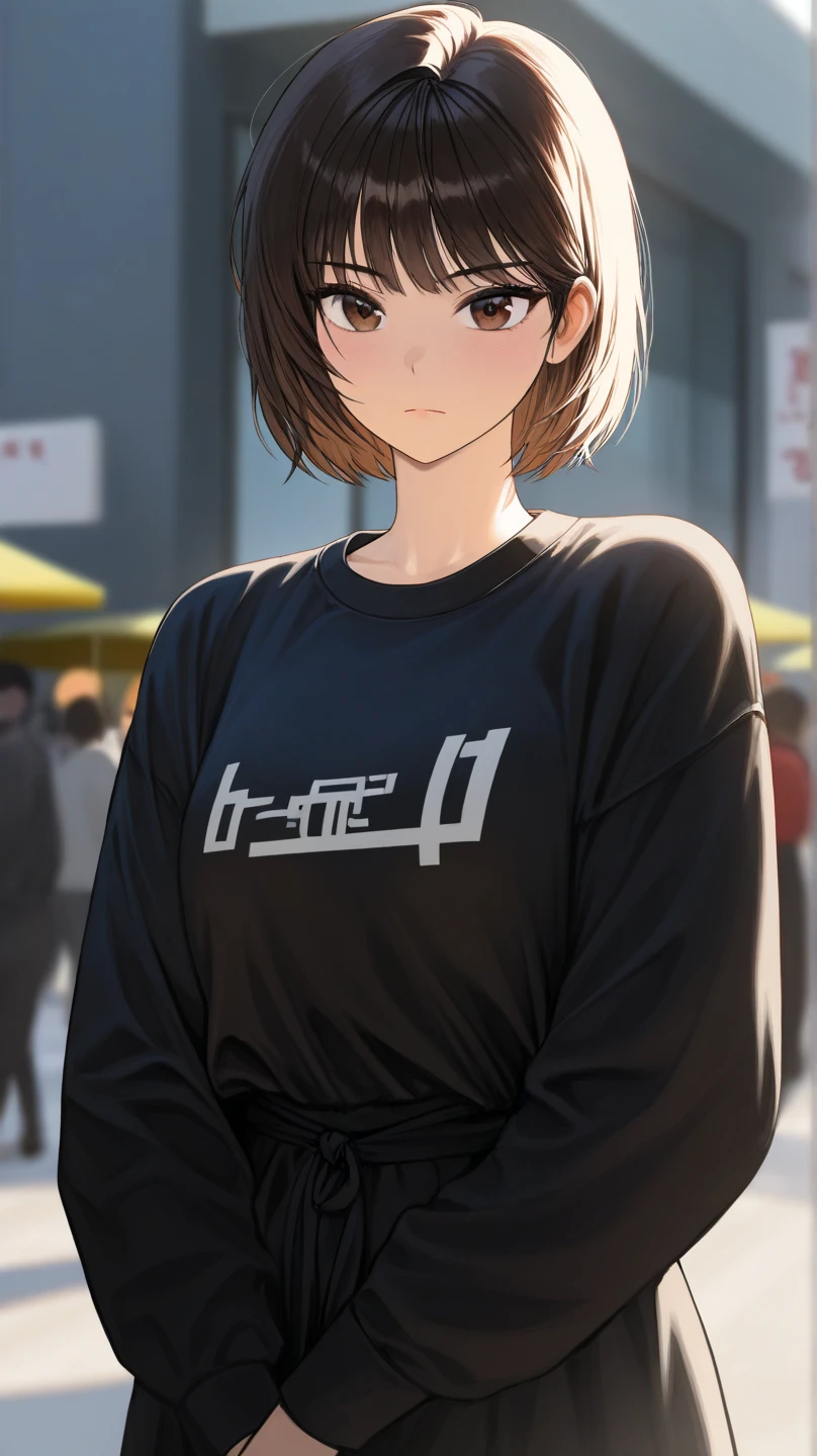 Let’s think step by step,Highest quality, masterpiece, Ultra-high resolution, 8k, Summer sky, early summer, (((Plain white t-shirt and jeans)), Soft Line Art, Digital Enhancement, Flowing fabric, close, Soft Drawing, Ultra-Definition Digital Art, Clear facial depiction, , Ultra-detailed facial expressions, Highest qualityの色,1 female,24-years-old, Brown haired woman,Woman with short ponytail,Ultra-detailed clear brown eyes,Body type is slightly chubby,Small breasts,片目をclose,Open your mouth,(((Happy smile)))