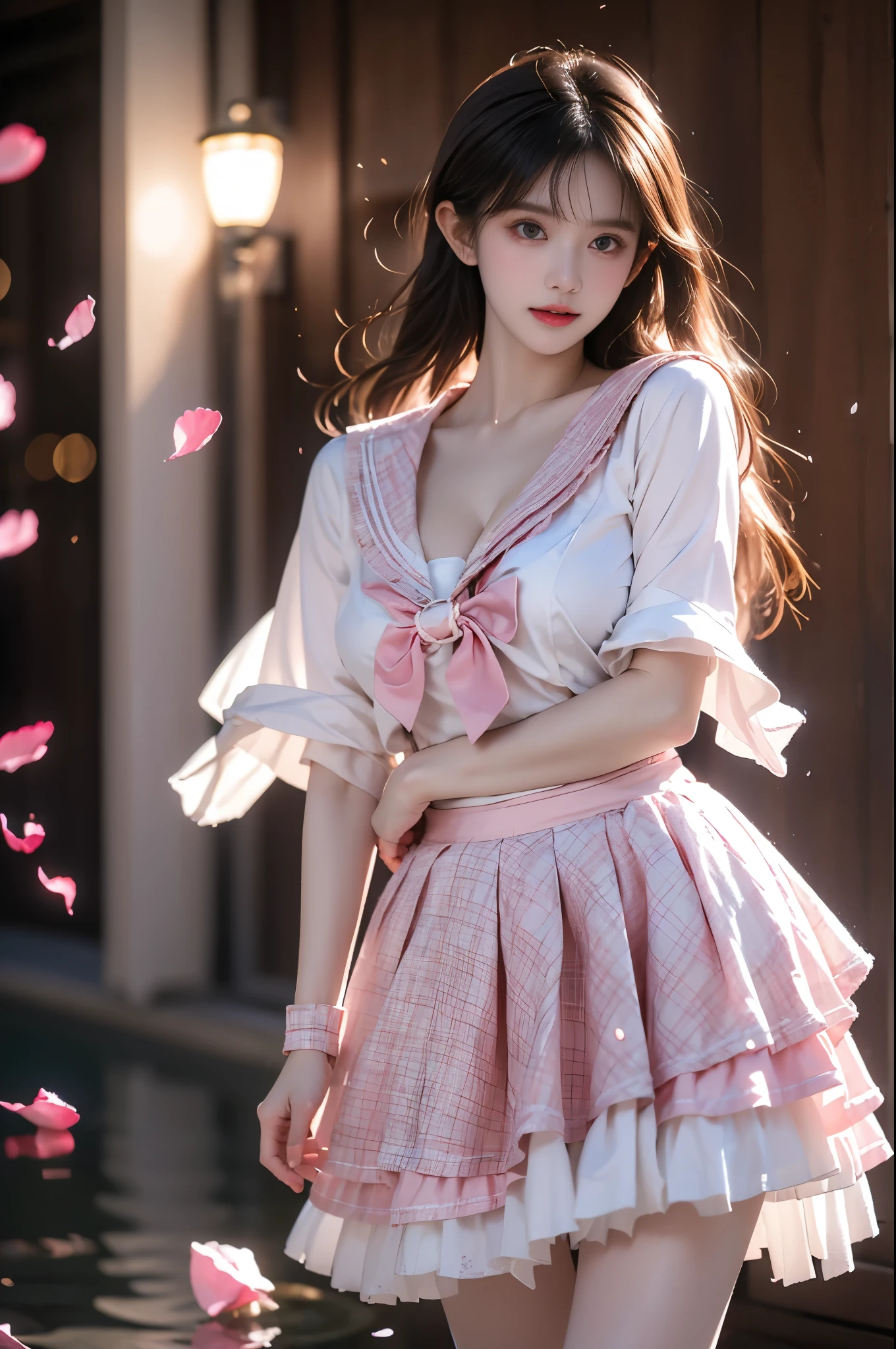 idol costume, cyb skirt, cyb shirt, plaid skirt, idol, wrist cuffs, bow, sailor collar, frilled skirt, frills ,,(photorealistic:1.2), (from below:1.2), beautiful asian woman, (Full bust, visible cleavage, very short hemline), (Beautiful romantic style), fashion model, long slender legs, standing in reflective pool, knee-deep water, elegant dance pose, lifting dress to thigh level, moonlit night scene, scattered rose petals in water, floating rose petals in air, soft moonlight illumination, volumetric lighting, cinematic lighting, high detail skin texture, wet fabric effect, shallow depth of field, soft bokeh, 8k uhd, masterpiece quality