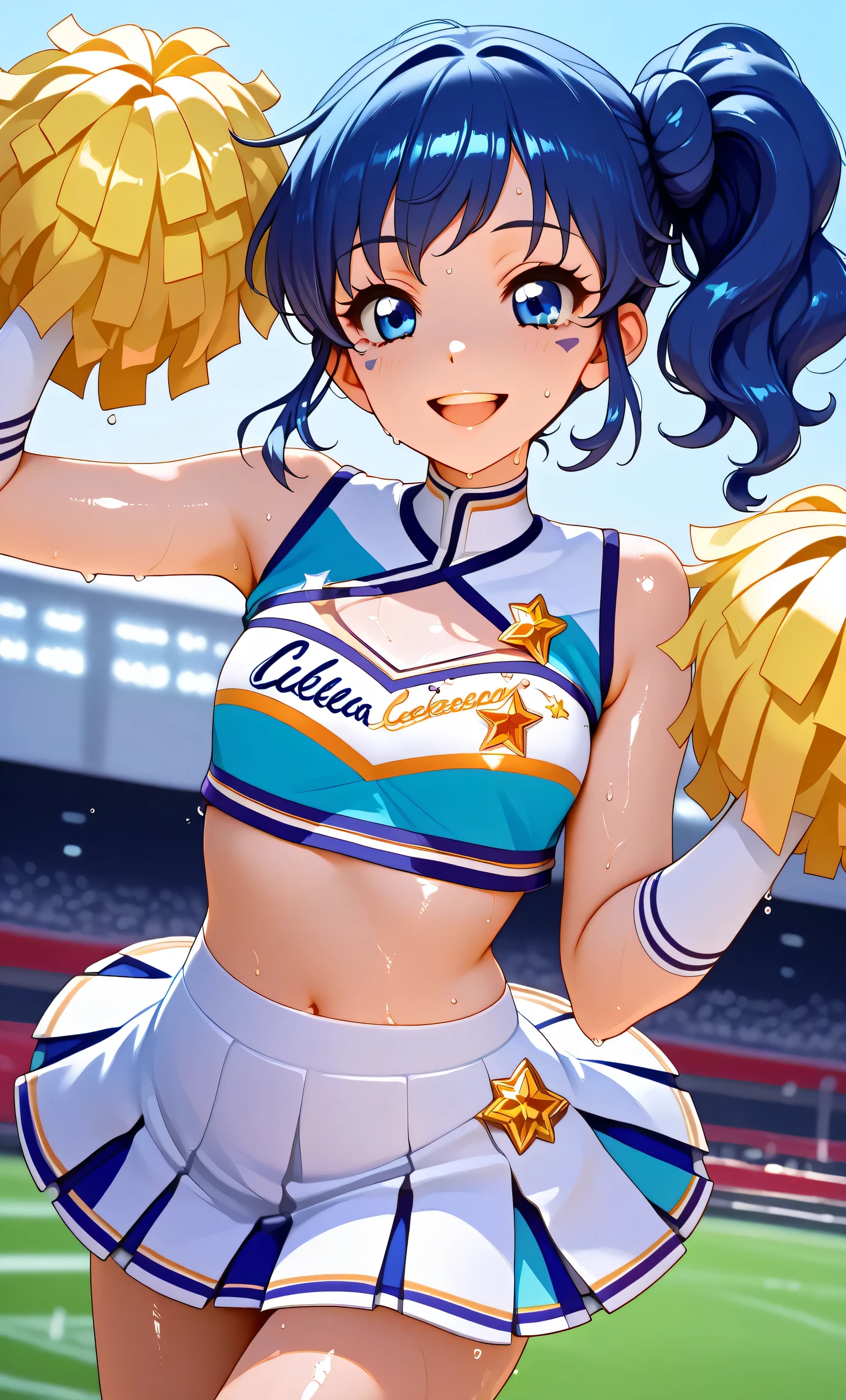 (Masterpiece, Top Quality, Super High Resolution), A Japanese Woman, (((Very Beautiful *********** Girl))), Cute Girl, Look at the Photographer, (()), very cute face, glossy lips, double eyelids, natural smile, natural makeup, long eyelashes, shiny and smooth hair, perfect limbs, perfect anatomy, (((shiny chia Leader uniform, cheerleader, cheerleader, tube top)))) Stadium,, wet with sweat, (((tube top)))((((open mouth smile, teeth)))),, Aoi Kiriya, 1 girl, 18 years old, blue hair, blue eyes, side ponytail
