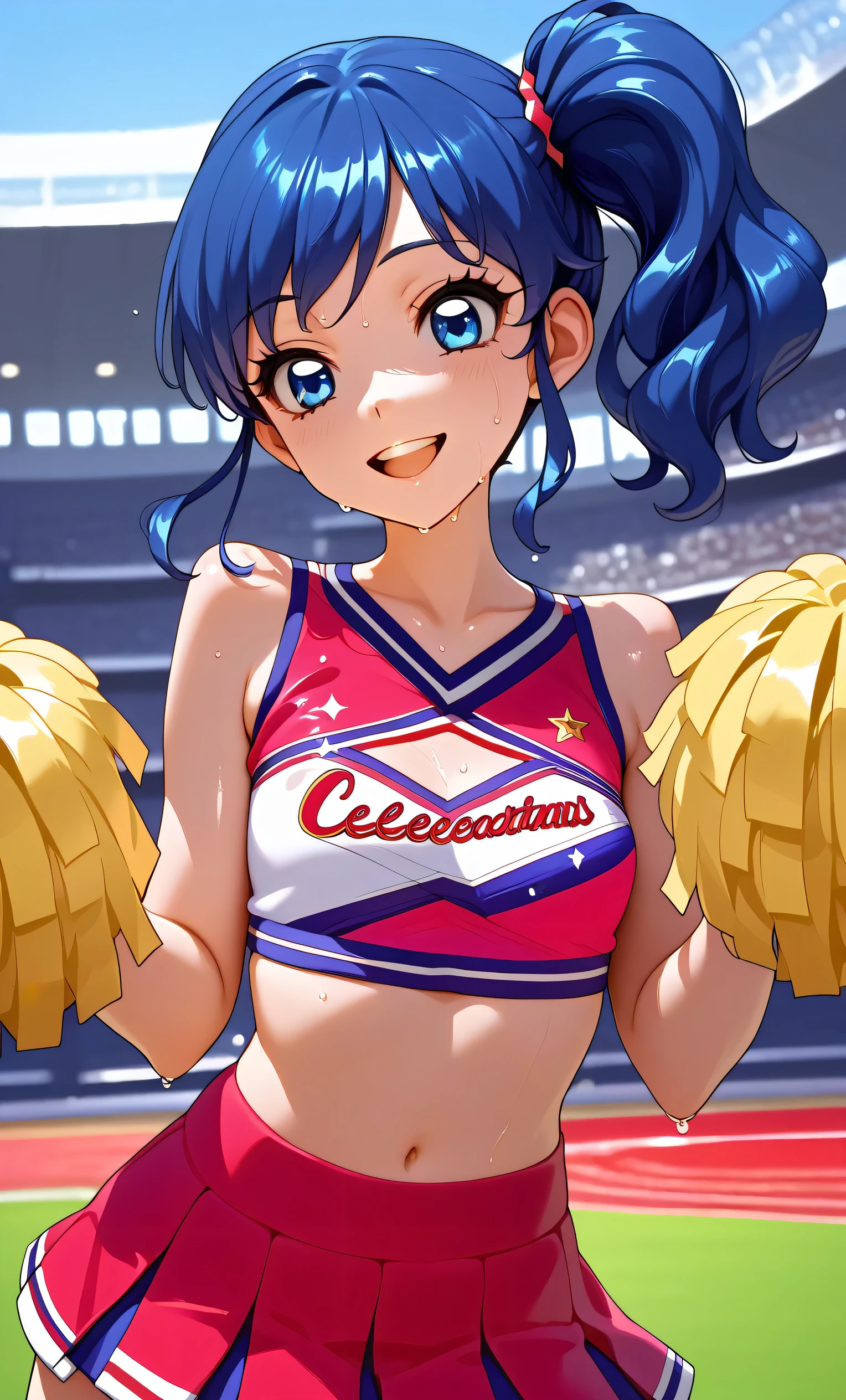 (Masterpiece, Top Quality, Super High Resolution), A Japanese Woman, (((Very Beautiful *********** Girl))), Cute Girl, Look at the Photographer, (()), very cute face, glossy lips, double eyelids, natural smile, natural makeup, long eyelashes, shiny and smooth hair, perfect limbs, perfect anatomy, (((shiny chia Leader uniform, cheerleader, cheerleader, tube top)))) Stadium,, wet with sweat, (((tube top)))((((open mouth smile, teeth)))),, Aoi Kiriya, 1 girl, 18 years old, blue hair, blue eyes, side ponytail