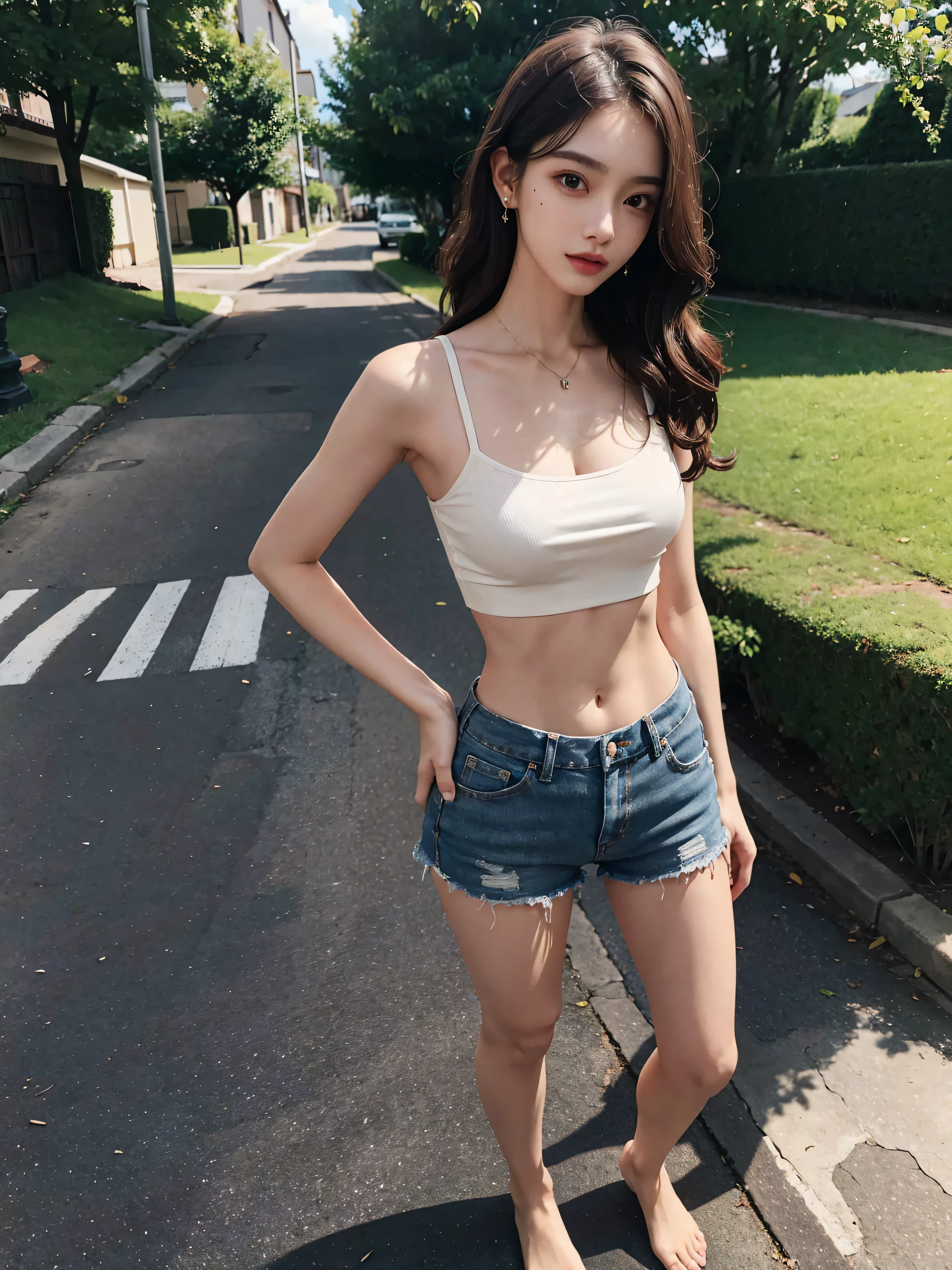 ((Medium chest, Long hair, small head)), Daylight, Sunlight, (well-defined abs: 1.1), (Perfect body: 1.1), (short wavy hair: 1.2), Make-up、Russet Hair, Collar, chain, Full body photo, Shabby street, wearing a black tank top, Denim jacket, ((Shorts)), (Very detailed CG 8k wallpaper), (Extremely delicate and beautiful), (masutepiece), (Best Quality: 1.0), (Hyper-Resolution: 1.0), Beautiful lighting, Perfect Lightning, Realistic Shadows, [High resolution], detailed skins, ultra-detailliert