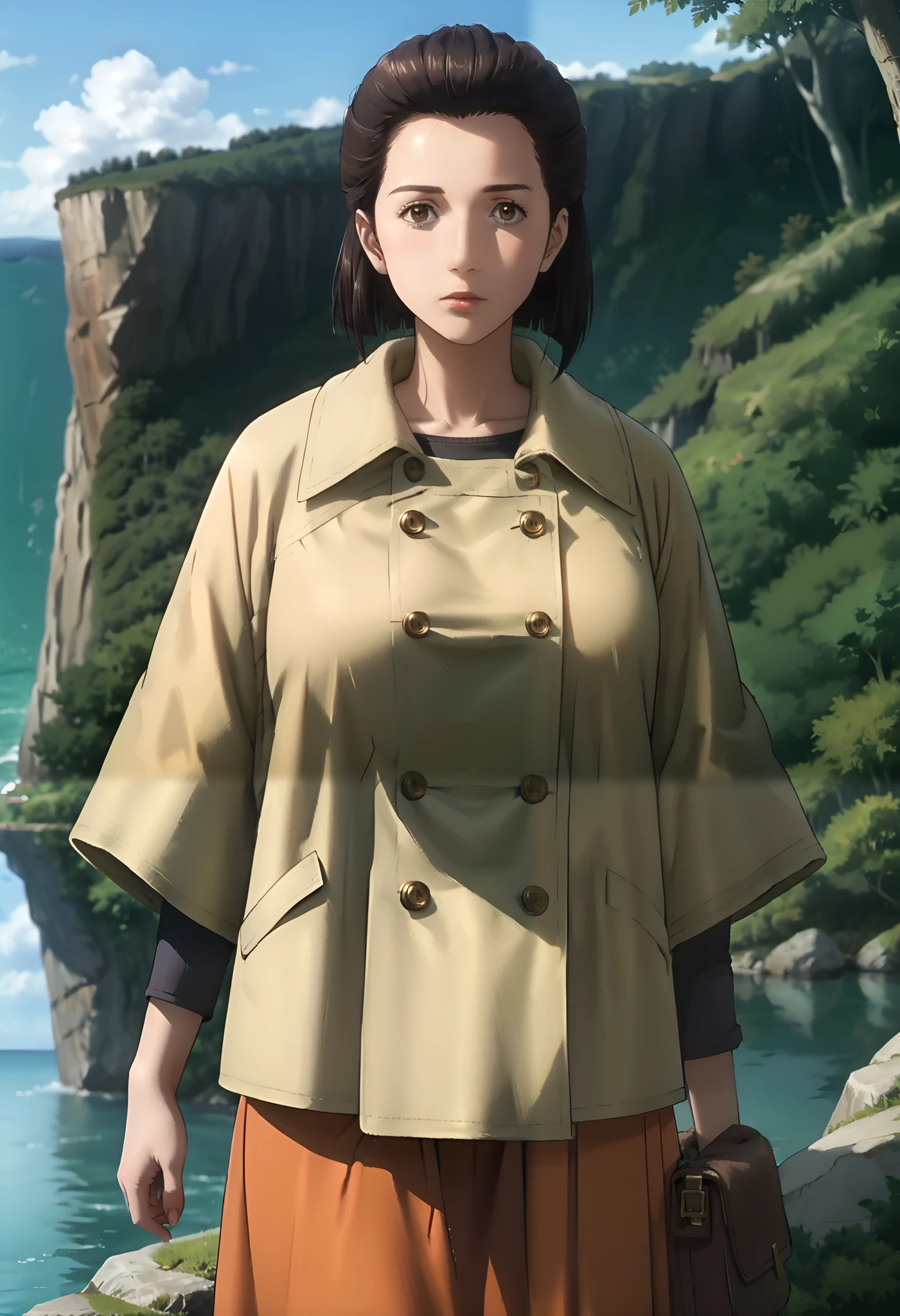 score_9, score_8_up, score_7_up, score_6_up, score_5_up, 1girl, Nobuko Izumi, brown eyes, brown hair, yellow coat, orange skirt, pantyhose, big eyes, sexy, female focus, fantasy, expressive, skindentation, 1female, masterpiece, 32K HD, beautiful attention to detail, detailed eyes, shiny skin, showing lots of skin, wide lens, perfect hands, perfect eyes, 2d, anime, source_anime, anime screencap, anime coloring, flat shadows, flat colors, hentai, source_hentai, looking at viewer, expressionless, blush, zPDXL2, zPDXLxxx, mature content, nsfw, clothed female, uncensored, outdoors, cliff, pacific view, ocean view, trees besides, exit forest, knee out of frame, feet out of frame, cowboy shot, ultra huge breast,