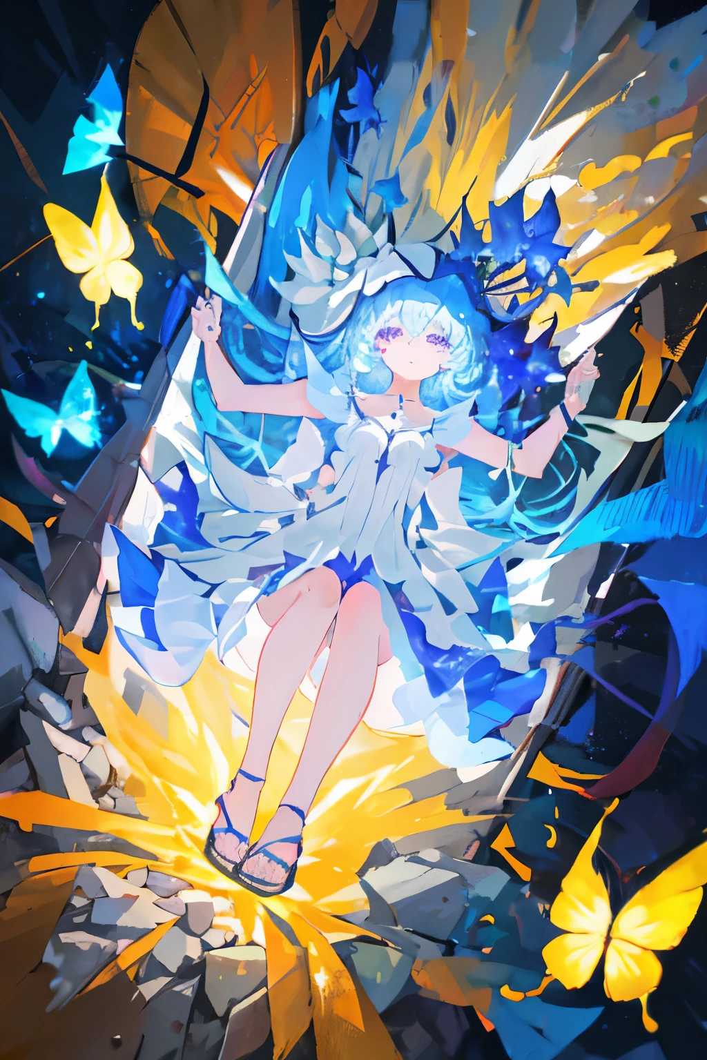 A young, light-skinned female anime character, positioned in the mid-frame, sits on a dark stone structure. She has long, light-gray hair and light-colored, expressive eyes. Her expression is serene and thoughtful, gazing out at the scene. She is wearing a short, flowing, off-white dress with a ruffled top and straps that reveal her shoulders and midriff. The dress has delicate details. She is wearing sandals with light-colored straps. Several light-blue glowing butterflies are depicted fluttering around her. The setting is a nighttime scene, with a starry sky above. Dark-gray stone structures, with a few small, glowing, dark-purple flowers are visible at the bottom of the image. The lighting is soft and atmospheric, with a focus on the character, illuminating her form and the butterflies. The colors are muted and blend beautifully to create a serene and magical ambiance. The style is anime, characterized by stylized features and a soft color palette. The perspective is slightly high, focusing on the character and her actions of seemingly releasing the butterflies into the air. The composition is balanced and draws the viewer's eye to the central figure.