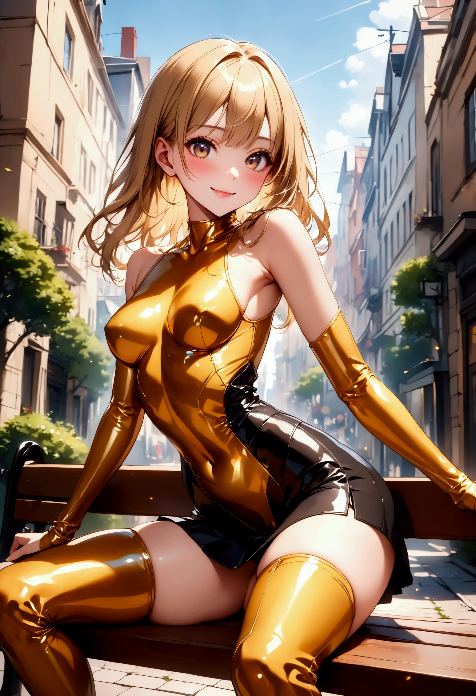 top-quality、Full limbs、complete fingers、One beautiful woman、Beautiful Large Breasts、((straight haired、blondehair))、((Yellow long-sleeved leotard、Leotard with exposed sides、Dark brown pantyhose))、A big smile、An amusement park、sexypose、haunted house