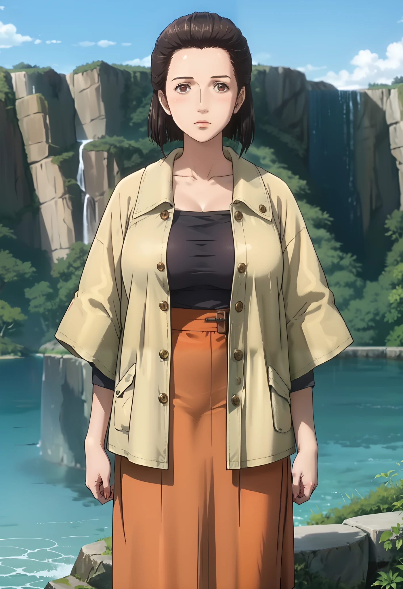 score_9, score_8_up, score_7_up, score_6_up, score_5_up, 1girl, Nobuko Izumi, brown eyes, brown hair, yellow coat, orange skirt, pantyhose, big eyes, sexy, female focus, fantasy, expressive, skindentation, 1female, masterpiece, 32K HD, beautiful attention to detail, detailed eyes, shiny skin, showing lots of skin, wide lens, perfect hands, perfect eyes, 2d, anime, source_anime, anime screencap, anime coloring, flat shadows, flat colors, hentai, source_hentai, looking at viewer, expressionless, blush, zPDXL2, zPDXLxxx, mature content, nsfw, clothed female, uncensored, outdoors, cliff, pacific view, ocean view, trees besides, exit forest, knee out of frame, feet out of frame, cowboy shot, ultra huge breast, ultra huge tits, ultra huge cleavages, ultra huge boob,