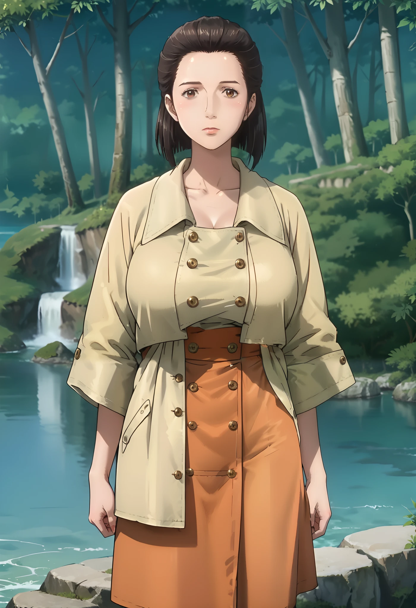 score_9, score_8_up, score_7_up, score_6_up, score_5_up, 1girl, Nobuko Izumi, brown eyes, brown hair, yellow coat, orange skirt, pantyhose, big eyes, sexy, female focus, fantasy, expressive, skindentation, 1female, masterpiece, 32K HD, beautiful attention to detail, detailed eyes, shiny skin, showing lots of skin, wide lens, perfect hands, perfect eyes, 2d, anime, source_anime, anime screencap, anime coloring, flat shadows, flat colors, hentai, source_hentai, looking at viewer, expressionless, blush, zPDXL2, zPDXLxxx, mature content, nsfw, clothed female, uncensored, outdoors, cliff, pacific view, ocean view, trees besides, exit forest, knee out of frame, feet out of frame, cowboy shot, ultra huge breast, ultra huge tits, ultra huge cleavages, ultra huge boob, 