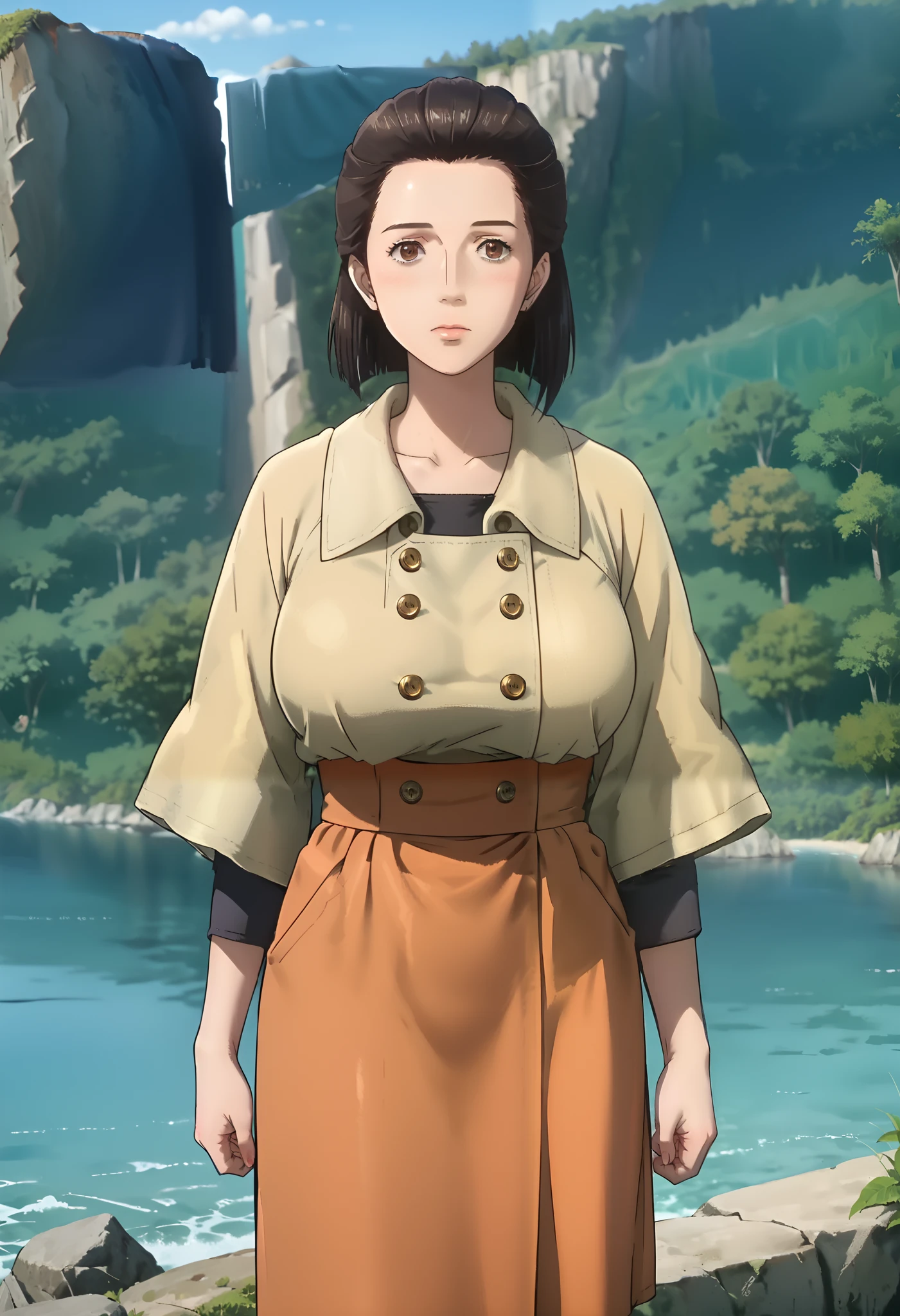 score_9, score_8_up, score_7_up, score_6_up, score_5_up, 1girl, Nobuko Izumi, brown eyes, brown hair, yellow coat, orange skirt, pantyhose, big eyes, sexy, female focus, fantasy, expressive, skindentation, 1female, masterpiece, 32K HD, beautiful attention to detail, detailed eyes, shiny skin, showing lots of skin, wide lens, perfect hands, perfect eyes, 2d, anime, source_anime, anime screencap, anime coloring, flat shadows, flat colors, hentai, source_hentai, looking at viewer, expressionless, blush, zPDXL2, zPDXLxxx, mature content, nsfw, clothed female, uncensored, outdoors, cliff, pacific view, ocean view, trees besides, exit forest, knee out of frame, feet out of frame, cowboy shot, ultra huge breast, ultra huge tits, ultra huge cleavages, ultra huge boob,