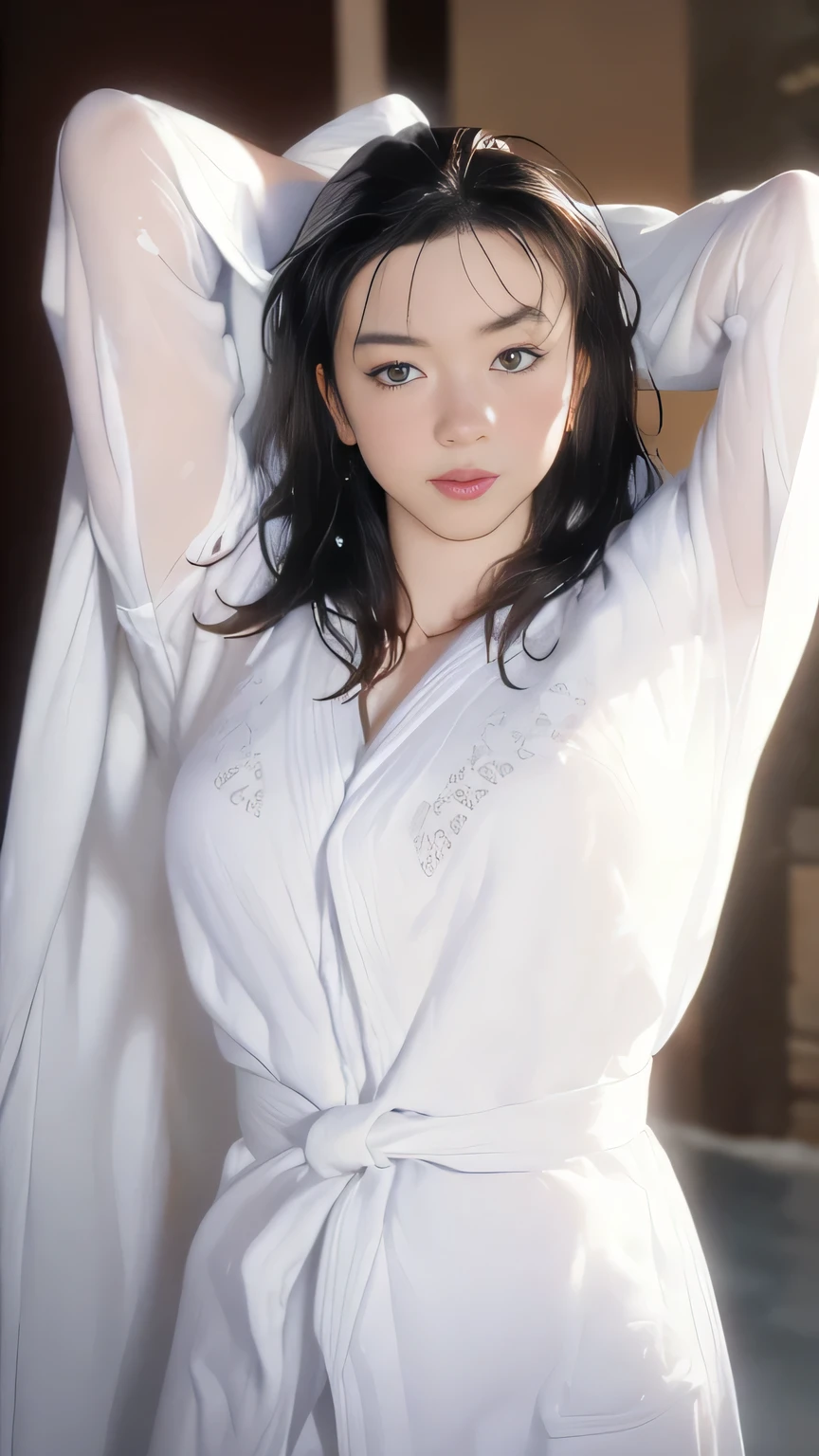 (Crawl on all fours on a futon in a Japanese-style room:1.7)（50 years old）,(Oversized white costume 3 sizes larger than a woman&#39;s&#39;s:1.7)、(The neck is open and you can see the wet pure white kimono..:1.7)、(Small breasts three times bigger than a wet pure white woman&#39;A large white dress can be seen through the gap between her sagging chest.:1.3)、(Sexy white costume:1.3)、(Oversized white costume 3 sizes larger than a woman&#39;s&#39;Space between s and small breasts:1.3)、(Small breasts with flashing cleavage:1.3)、(very small breasts:1.7)、(very small breasts見せ: 1.3)(smile full of happiness:1.3),(((Emphasize small breasts:1.3))),(dynamic angle),(((Dynamic and sexy forward leaning posture:1.7))),(( (wet and shiny skin)))、extremely small breasts、Clothes fluttering in strong winds、chest slip、one girl、hairpin、necklace、earrings、look up from below、Pointed red mouth、cheeks turn red、he sees who is logged in,(shiny silver hair color,colorful short hair with orange stripes),Disarrayed hair blows in the strong wind,look at the camera,(professional lighting),(8K,debris flies、highest quality、Ultra high resolution output image、)、Depth of written boundary、beautiful hands、beautiful fingers、Detailed functions of fingers、Detailed characteristics of hair、detailed facial features、Detailed features of clothing、wet hair、wet body、wet costume、