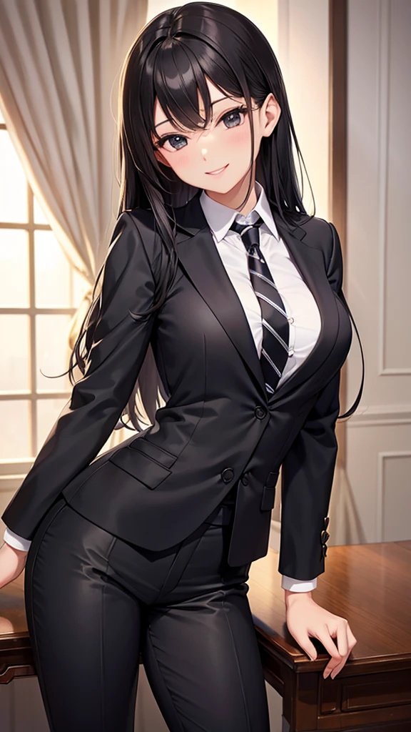 The image depicts a female animated character with elegant and striking features. She wears an japanese blazer, with an small skirt and black thighs stockings. She has an busty chest, with little of her cleavage showing through her uniform. Her eyes is black and narrow, usually in an annoyed expression. Her pretty lips are delicate, as well as her porcelain pale skin. Her totally red crimson hair is long, with gloomy bangs that partially cover her left eye, kept loose.. She is sitting in a school chair, with plump thighs showing on her seat.