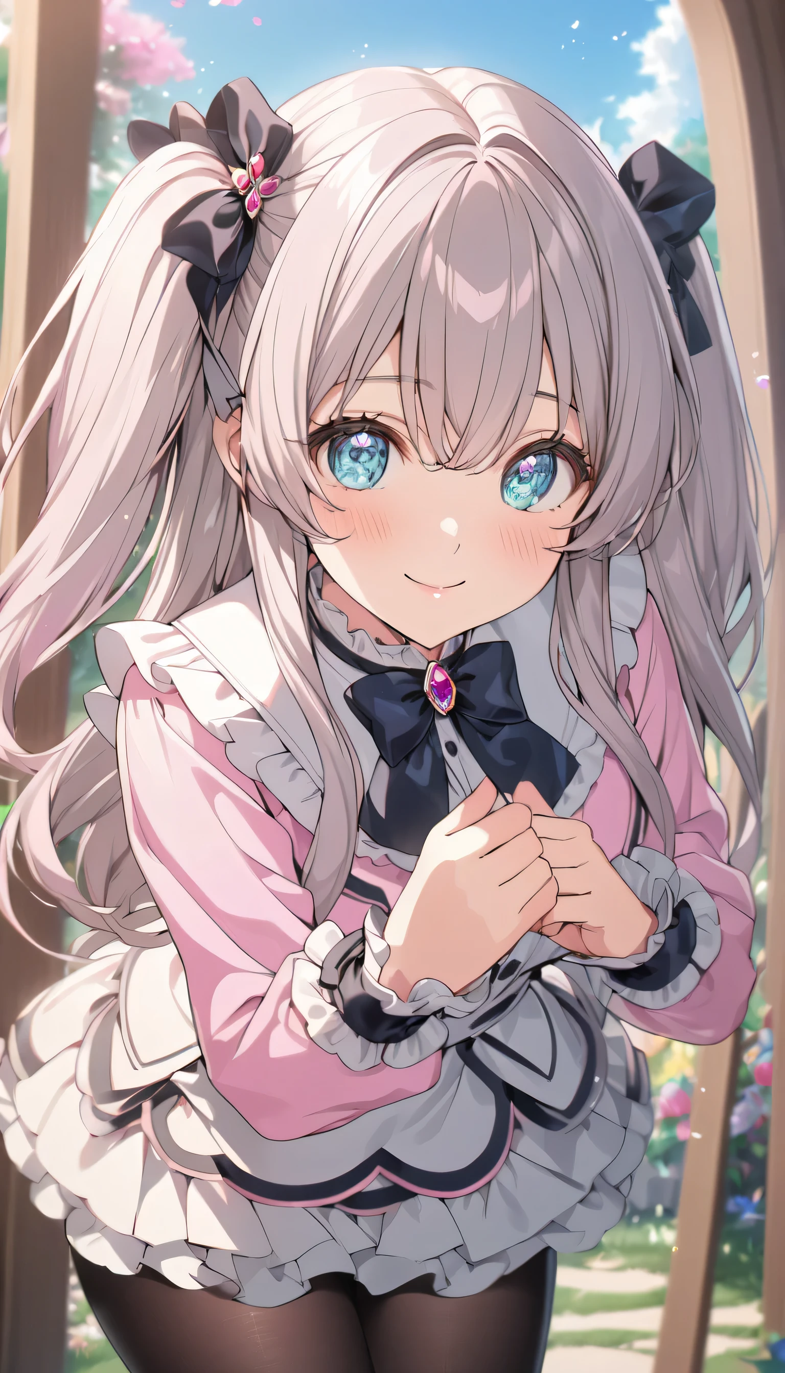 ((ultra-detailed)), (highly detailed CG illustration), (best quality:1.2), ultra-highly detailed, colorful composition, artistic photoshoot, 1girl, solo focus,  ((thigh to top:1.4)), ((cowboy shot:1.4)), moe anime character,  girl, dainty facial structure, (bab(round face), ((rounded chin:1.2)), ((ideal ratio body proportions)), celia-default, celia claire, (blue eyes), sparkle eyes, pale pink hair color, two side up, (black hair ribbon), ample breasts, ((Light pink long-sleeve blouse with frilly lace cuffs and bow tie)),
((Flared skirt with scalloped hem and jewel accents)), ((Black tights)), petals glowing and fluttering, best quality, masterpiece, standing by the victorian garden with flowers, beautiful detailed sky, dynamic pose, from front, expecting, pink cheek, blush, light pink gloss slip, portrait, depth of field, soft lighting, sidelighting, (shine), lighting, caustics, ray tracing, smile, perfect face, lustrous skin, highly  detailed face, highly detailed eyes, perfect face, perfect nose, perfect hair, perfect eyes, perfect anatomy, beautiful hair, beautiful small face, extremely detailed face, beautiful detailed eyes, beautiful clavicle, beautiful body, beautiful huge breasts, leavage, breasts squeezed together, equalize the size of the left and right breasts, beautiful thin thighs,  beautiful legs, beautiful fingers, 4 fingers, 1 thumb, lovely, (very detailed background:1.0), (highly detailed background:1.0), spring aesthetic, intricate details, joyful atmosphere, spring colors palette, chromatic aberration