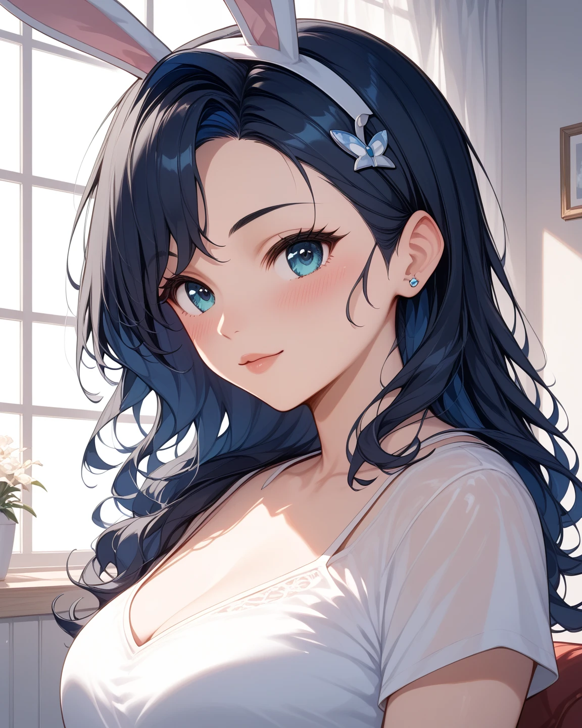high quality,Black Hair、、cute、Round shorthair、Blue inner hair color mesh、Piercings in both ears、Neutral Facial Features、