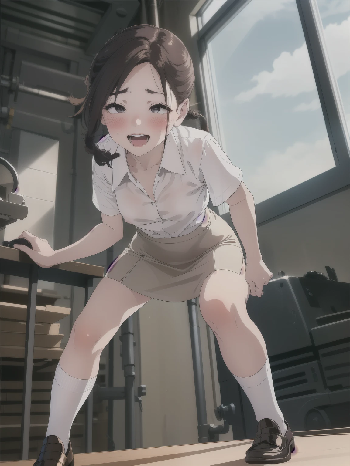 (((round face, shame smile, orgasm face, blush, machine shop worker, in the factory, window with outside view))), drooping eyes, small breasts, ((see through shirt with (erect nipples:0.85), straddling (metallic:1.5) (tiny:1.5) pipe bollard, pencil skirt, white-socks, loafers)), Embarrassed, (windy hair), ((standing:1.5), a (semi)-squat position with knees slightly open, a (partially) lowered squat with knees turned outward, a stance with knees apart and hips (slightly) lowered), (braid up), angle from below,