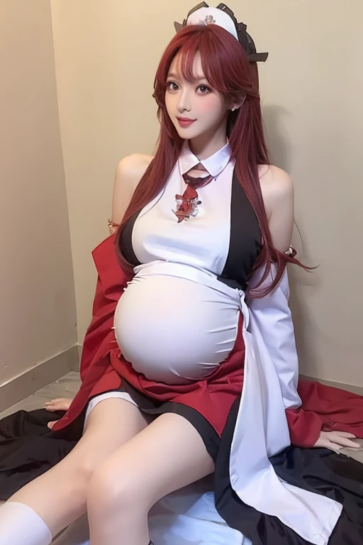 masterpiece, high quality, best quality, one girl, pregnant,big belly, red hair, long braided hair, golden eyes , middle chest, black tied shirt, plaid mini skirt, black lace, sweatshirt, stockings, makeup, blush, goth, moaning