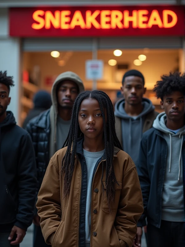 A group of people standing, brown skin, brown girl, young adult, braids, standing in middle, they're all looking serious, south London, standing behind a shoe store, store name overhead is "SNEAKERHEAD" LED lights, this is evening time. 