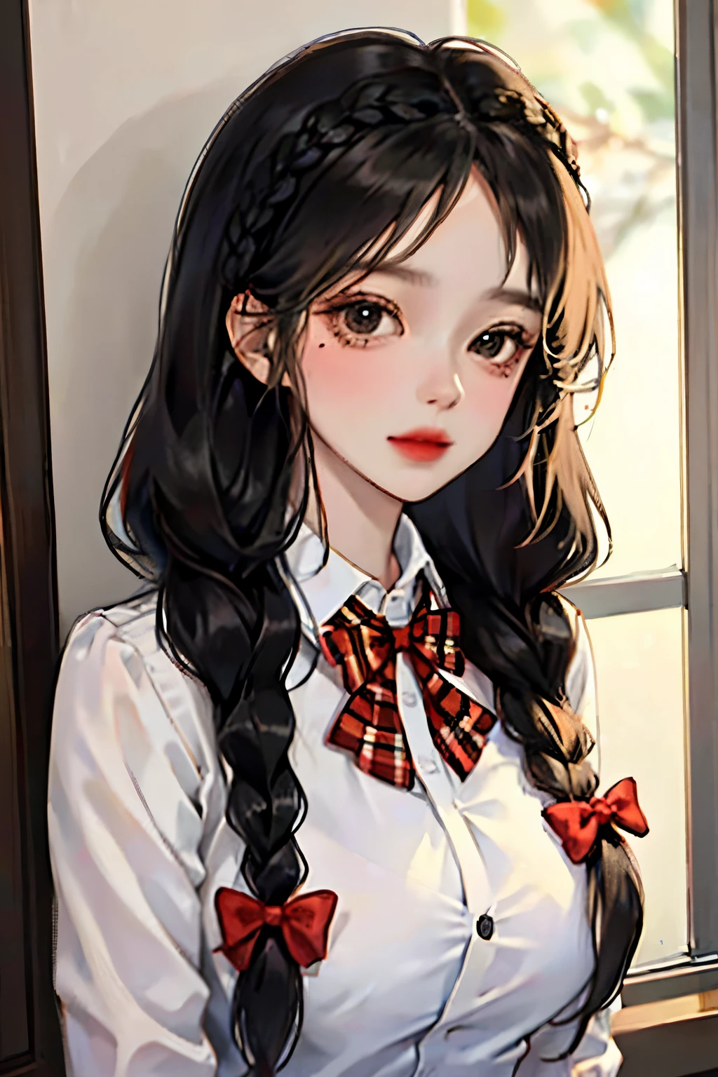 Long haired girl, black eyes, big breasts, cute, braided hair, red bow tie