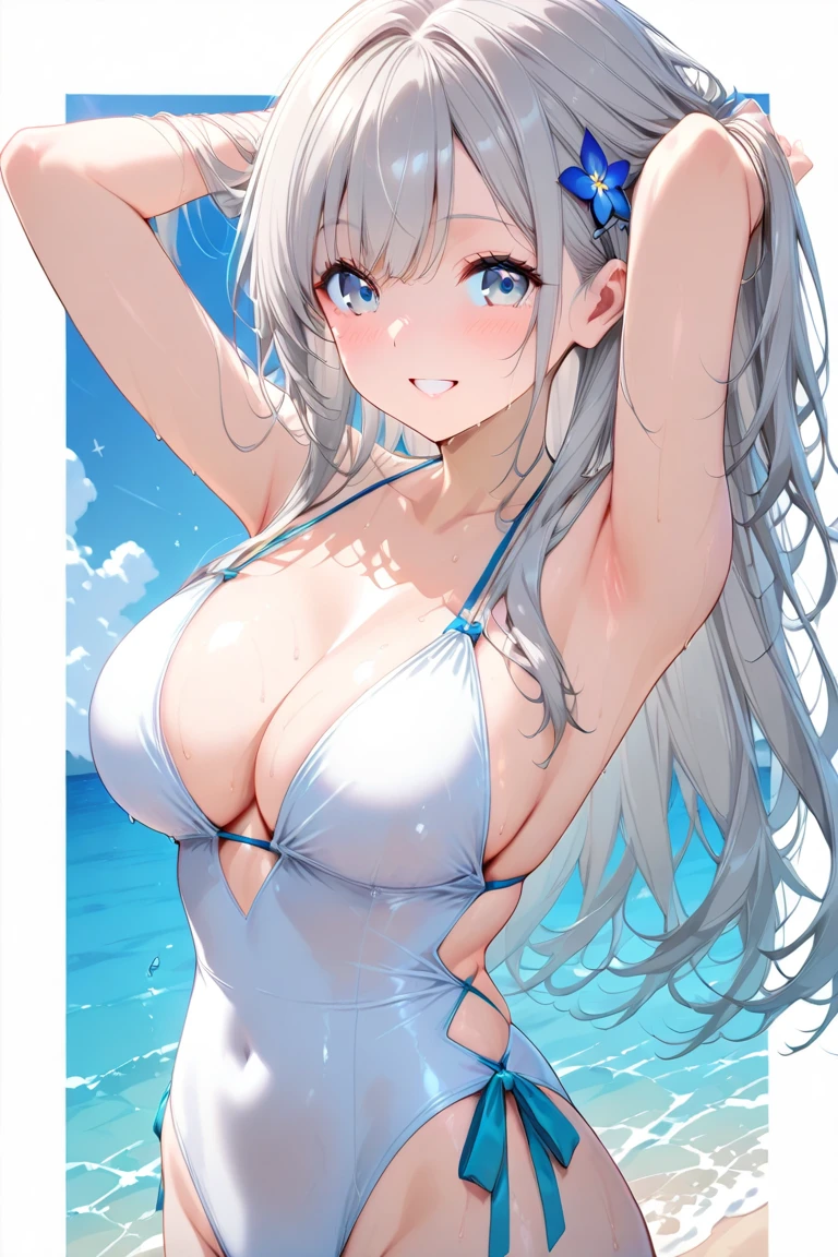 1 beauty, Light Purple Eyeshadow,platinum-blonde-hair, Watery Big Eyes,Beautiful constriction,teeth protrude slightly,Shy smile,long eyelasher,Blushlush, in poolside, Wet whole body, ((Platinum Color Bikini Swimsuit:1.2)),(Long hair wet and disheveled,:1.4),bustshot,Dynamic Angle Zoom, Perfect fingers, Large jets of water emanating from the front,(profuse sweating from the face,,,,,,,:1.2), Splattering splashes shine:2, fine splashes on the body,stick out your ears, High-speed camera:1.2、facefocus
