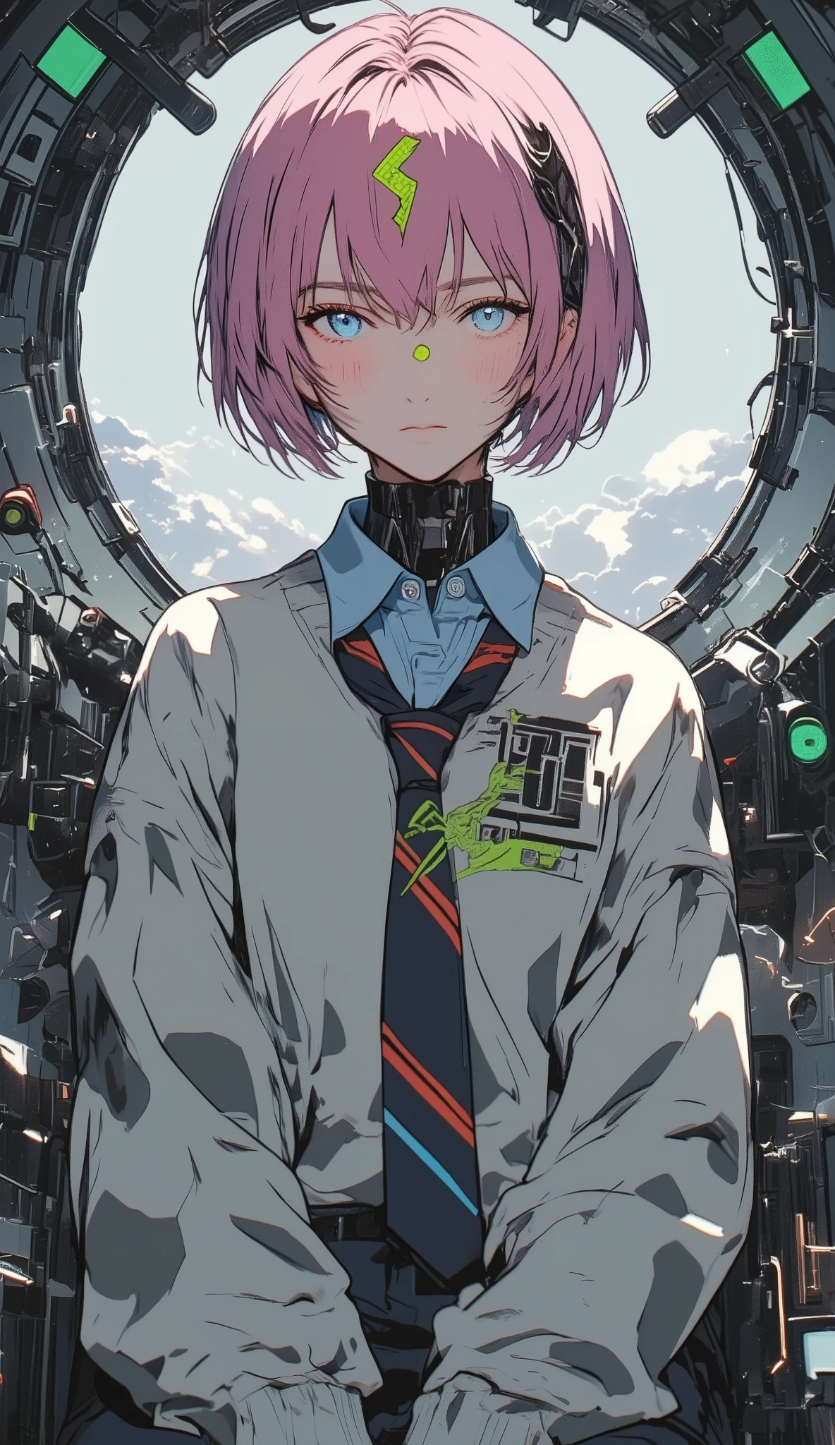 Pink very short hair、I'm wearing a long-sleeved sweater with a green highlight 、Very short hair、ragged bangs 、Blue Eyes、 Japanese high school girl、Big white on top of a shirtＶ neck、Ｖ on top of the shirt purple line along the neck 、Ｖ wear a light blue collared shirt and a red and navy blue striped tie loosely under the neck、Lightning runs on the forehead 、Sit in the robot cockpit、
