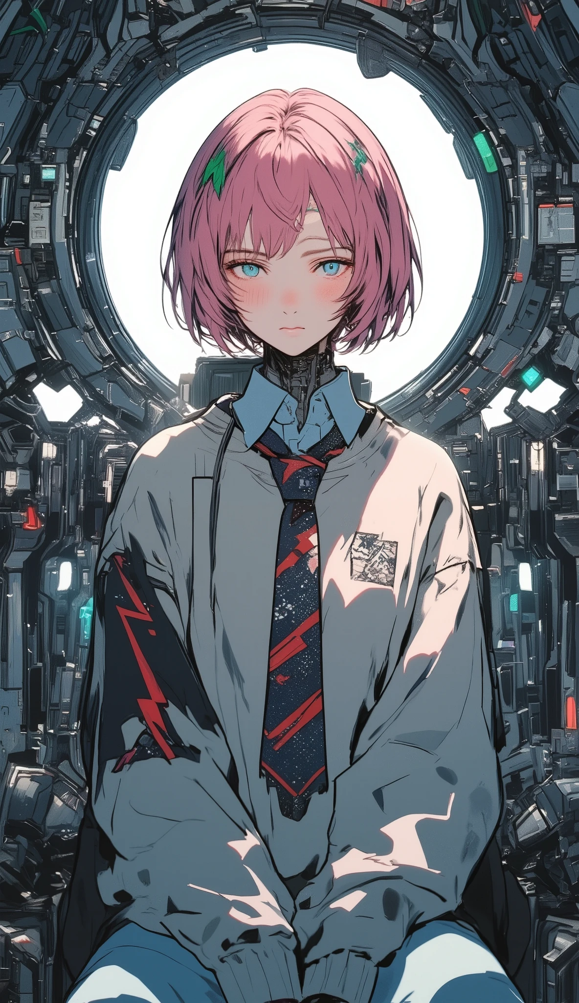 Pink very short hair、I'm wearing a long-sleeved sweater with a green highlight 、Very short hair、ragged bangs 、Blue Eyes、 Japanese high school girl、Big white on top of a shirtV neck、V on top of the shirt purple line along the neck 、V neck、Lightning runs on the forehead 、 sitting in robot cockpit、