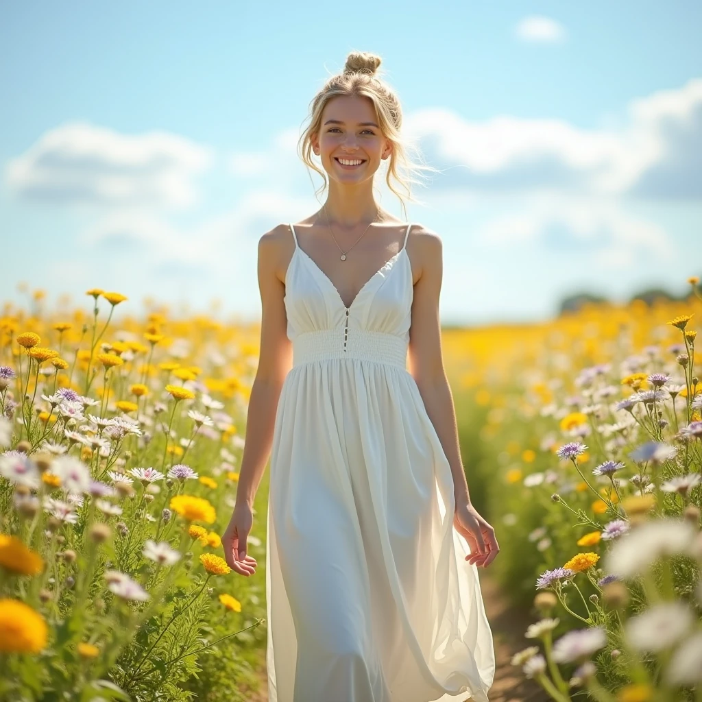 full-length woman standing in a flower field in the rain., goddess in a flower field, , middle aged blonde , , in a light, translucent, short, tight dress, facing the camera, woman in front in flower field, Beautiful Ultra HD graphics ,medium-length hair , in a field of flowers, woman in flowers, highly detailed digital graphics , 60 years, wrinkled body and face,
