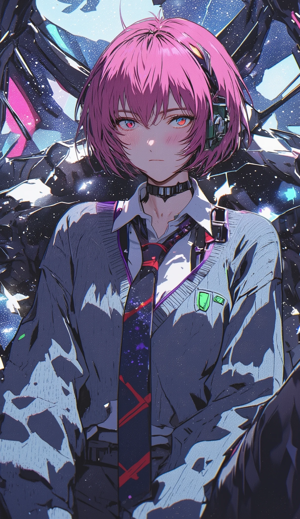 Pink very short hair、I'm wearing a long-sleeved sweater with a green highlight 、Very short hair、ragged bangs 、Blue Eyes、Lightning runs in front of the forehead 、 Japanese high school girl、Big white on top of a shirtV neck、V on top of the shirt purple line along the neck 、V wear a light blue collared shirt and a red and navy blue striped tie loosely under the neck、Sit in the robot cockpit、 glitter that shines at 10 o'clock spreads all over、