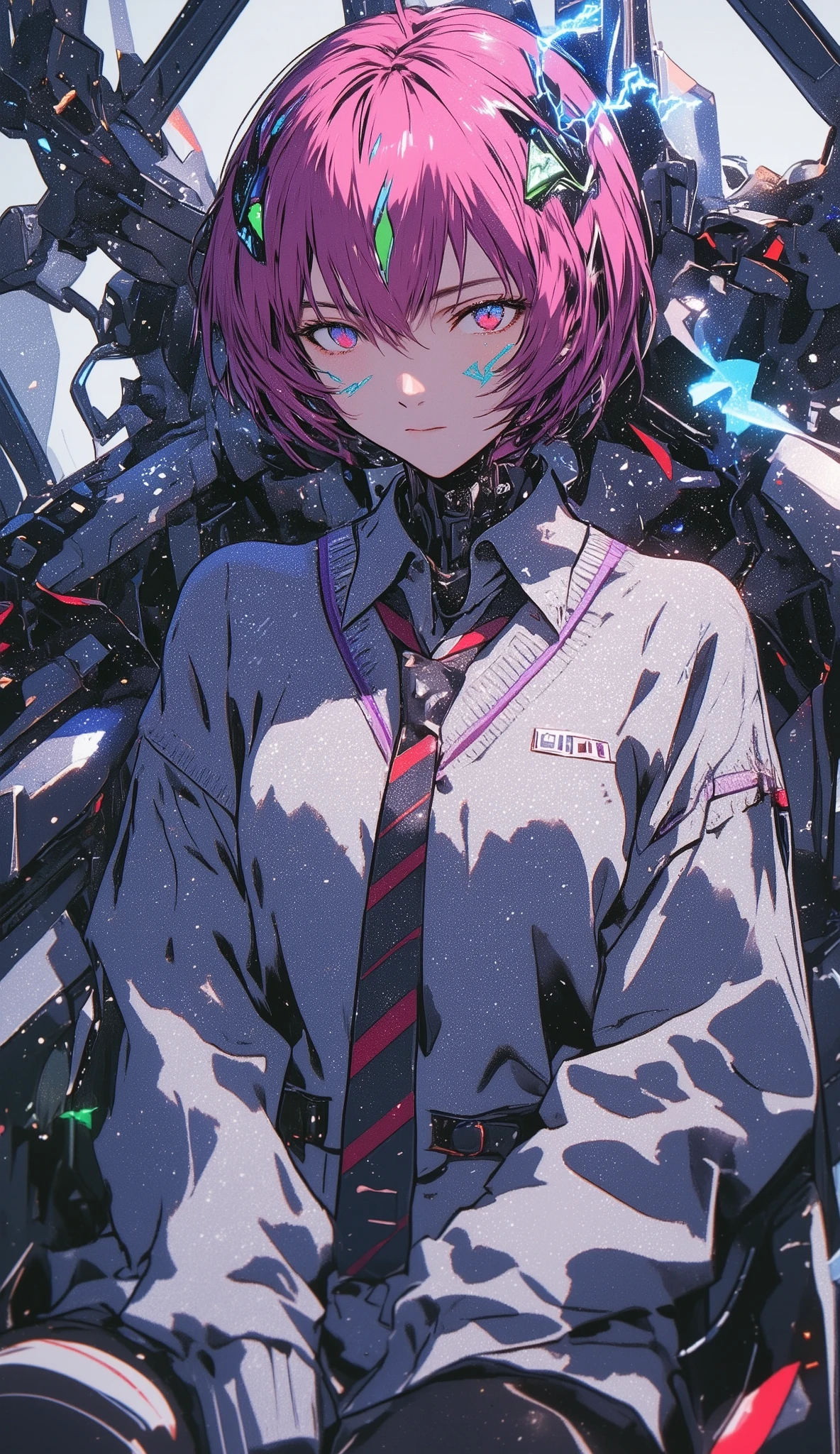 Pink very short hair、I'm wearing a long-sleeved sweater with a green highlight 、Very short hair、ragged bangs 、Blue Eyes、Lightning runs in front of the forehead 、 Japanese high school girl、Big white on top of a shirtＶ neck、Ｖ on top of the shirt purple line along the neck 、Ｖ wear a light blue collared shirt and a red and navy blue striped tie loosely under the neck、Sit in the robot cockpit、 glitter that shines at 10 o'clock spreads all over、
