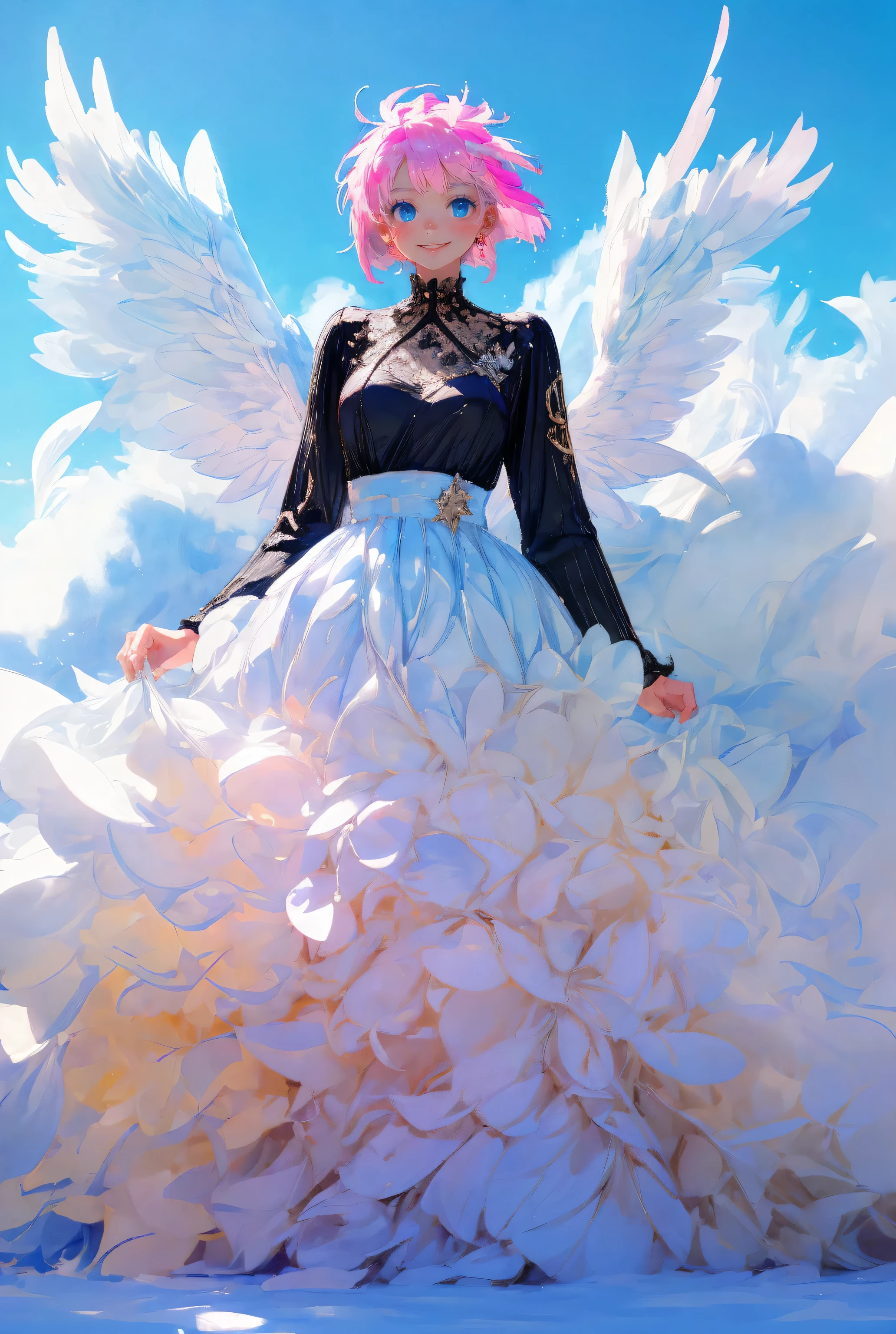 high quality,ultladetail,masterpiece,
BREAK
1girl,cute,smile,(((pink short hair,blue eyes))),she has wings,(black and white dress),
BREAK
DonMF41ryW1ng5