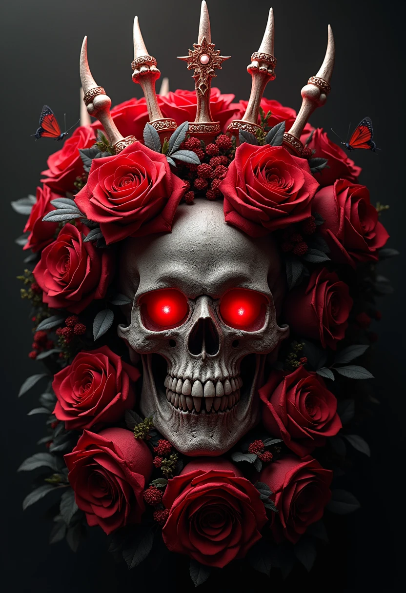 skull made of red roses, organic horror, devil,death, giger, epic, baroque, art nouveau, james jean, photorealistic render, 3ds Max + V-Ray, extremely detailed and intricate, center composition, elegant, vfx, unreal engine 5, octane render, extremely contrast, extremely sharp lines --ar 9:16 --auto --s2