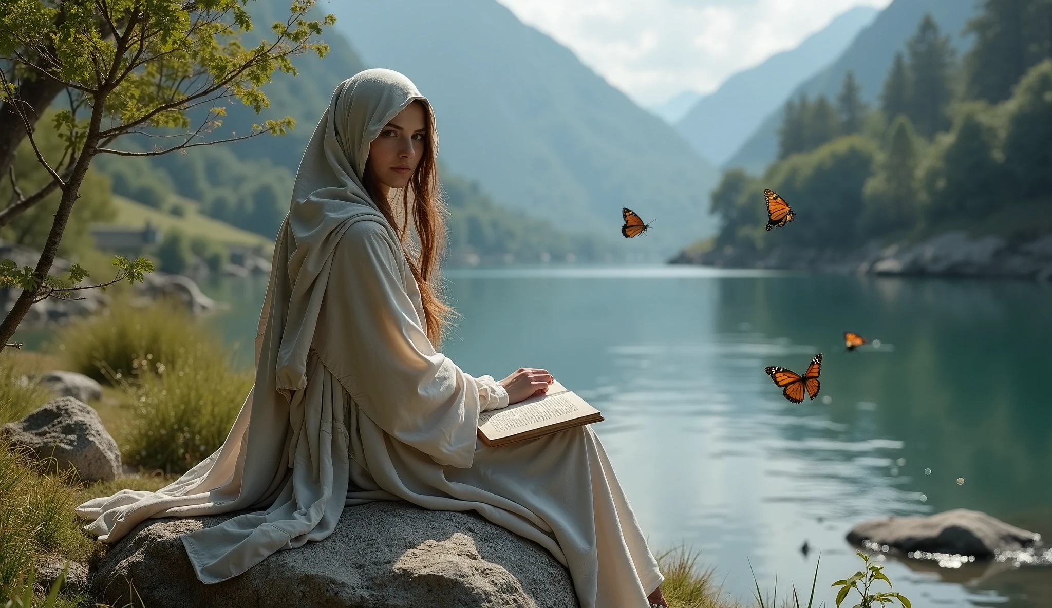 Arafed woman in a white robe sitting on a rock with a book and ...