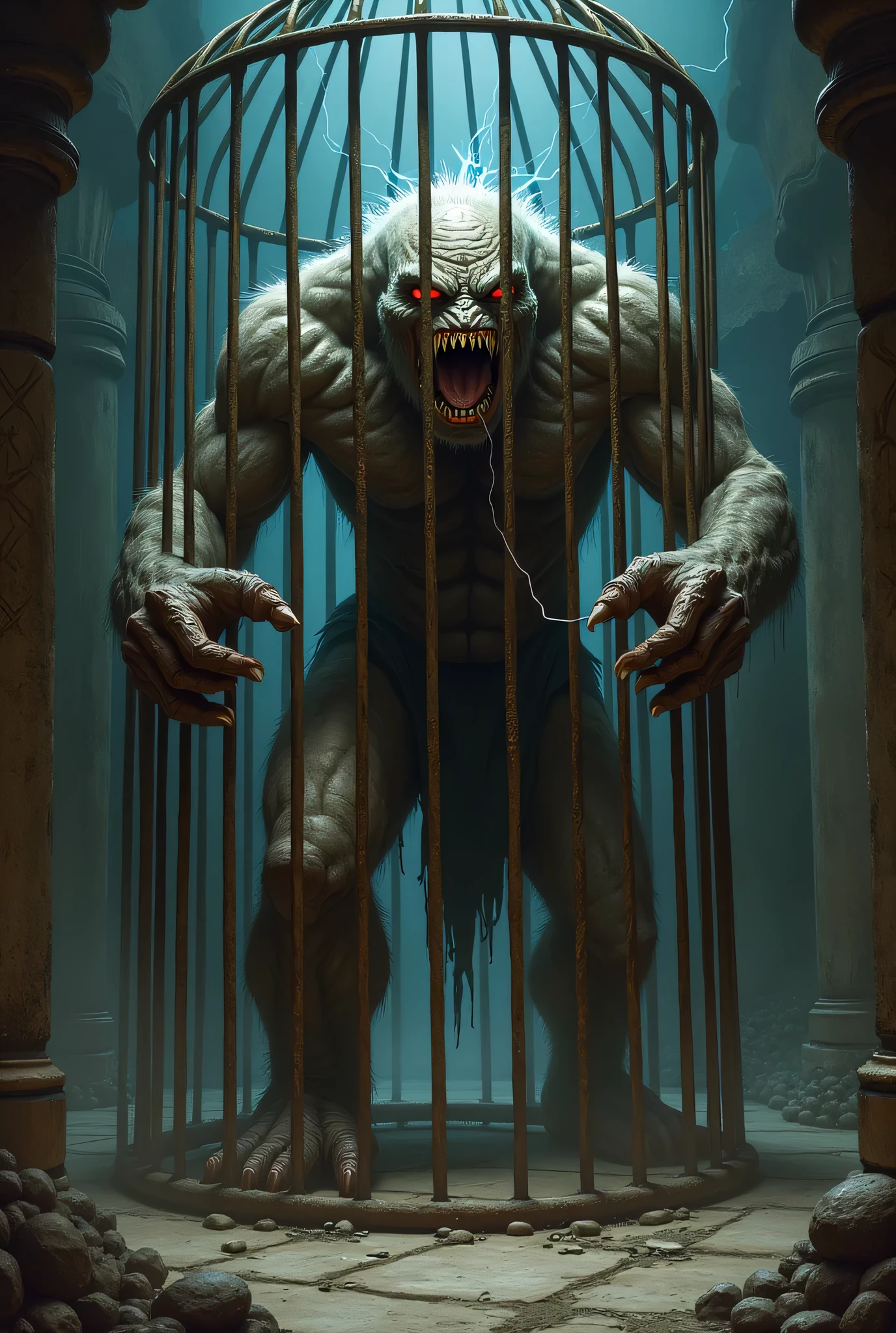 Images of a fantasy character with adrenaline tied up with chains and a muzzle 