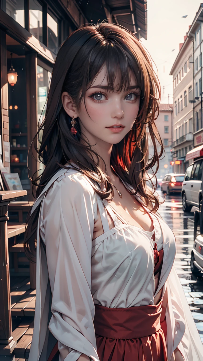 ((Best quality, 8k, lace maxi dress, standing in the rain, red light district, highly detailed face and skin texture, detailed eyes, double eyelids.)
