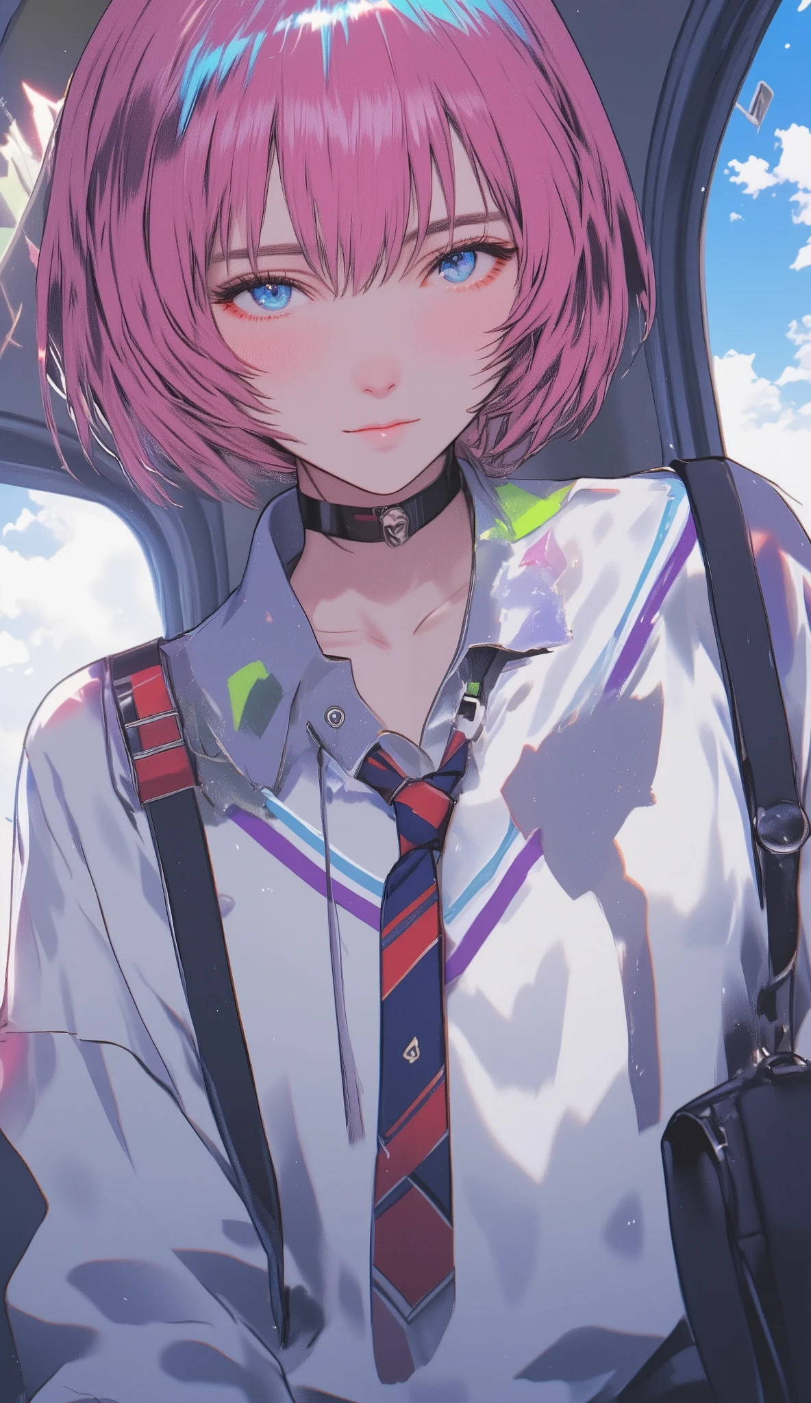 pink hair 、I'm wearing a long-sleeved sweater with a green highlight 、 short hair while on a business trip、Longer bangs、Blue Eyes、 Japanese high school girl、I'm wearing a large white V neck、V on top of the shirt purple line along the neck 、V shirt with light blue collar on the bottom of the neck、 red and navy blue striped tie loosely on the neck、 tie loosely on my shirt, the lightning effect 、 around my forehead, and the area shines brightly and overflows with cross light 、