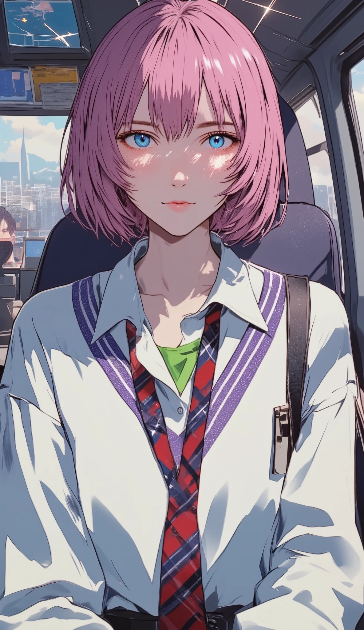  pink hair 、I'm wearing a long-sleeved sweater with a green highlight 、 short hair while on a business trip、Longer bangs、Blue Eyes、 Japanese high school girl、I'm wearing a large white Ｖ neck、Ｖ on top of the shirt purple line along the neck 、Ｖ shirt with light blue collar on the bottom of the neck、 red and navy blue striped tie loosely on the neck、 tie loosely on my shirt, the lightning effect 、 around my forehead, and the area shines brightly and overflows with cross light 、
