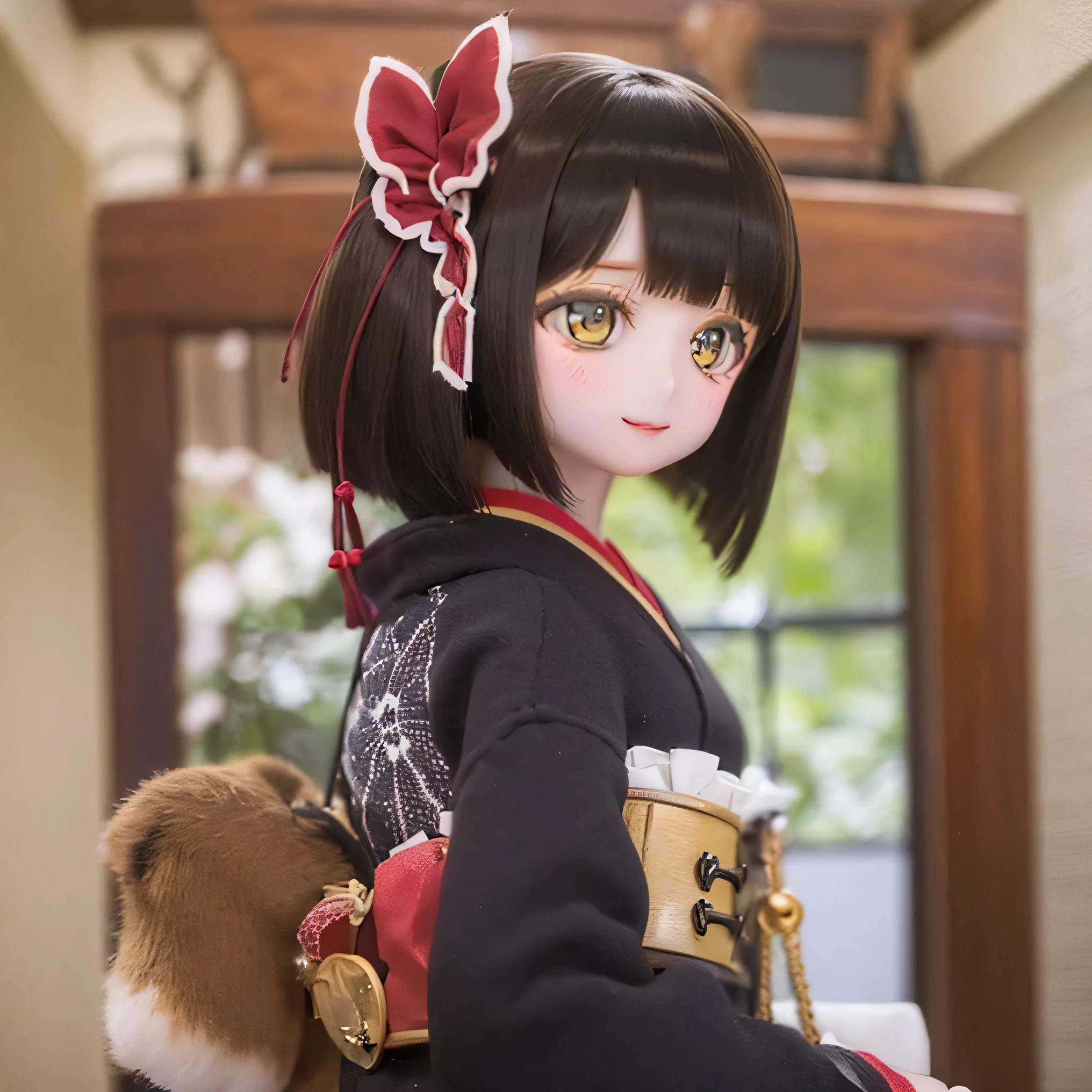 (  Please redeem  ,  high resolution,Masterpiece:1.2),  highly detailed ,  realistic,(Me in a kimono,   beautiful details ,  beautiful lip details  ,  highly detailed 目と顔,long eyelashes),   tall traditional Japanese costume  ,geisha,  hairpin,Delicate embroidery,  floral,Sleeves flow,  Harmonious Colors  ,  Soft Writing 、Smiling face with a fan、  bob cut、  black hair、 高さの  