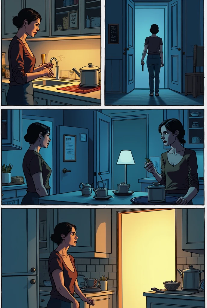 Create a black and white storyboard, and sketch drawings, with the following scenes numbered in a rectangle: 1. Woman arguing with a man, shouting and hitting, in a house 2. Woman cooking in a house 3. A woman with a in her arms. 4. Woman crying a lot.