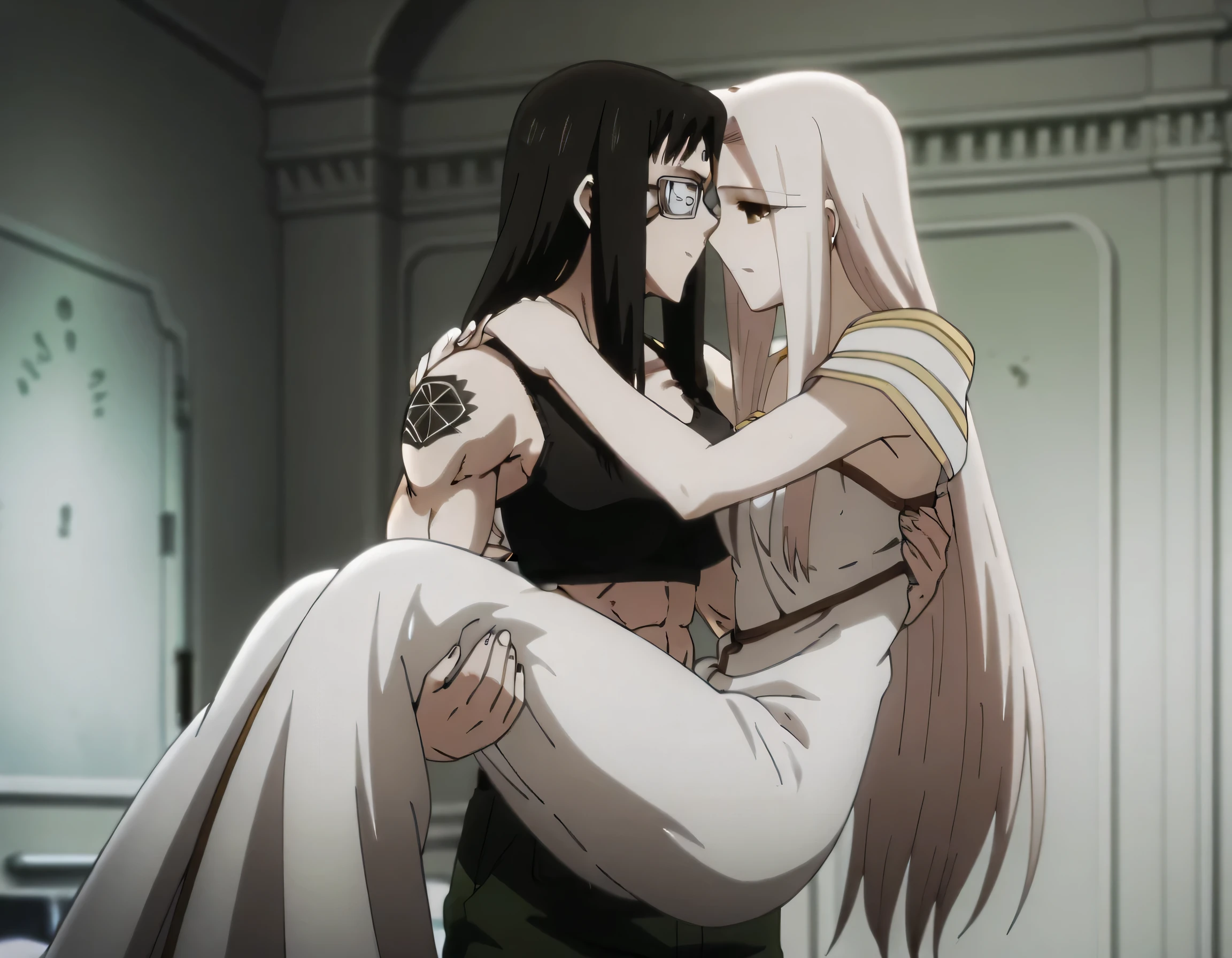 2girl,solo,mm,mature female,black hair,eyepatch,brown eyes,medium breasts,anime coloring,long hair, muscular,black sport bra and green military trousers with belt,cowboy shot, ,military base, tattoo, ,masterpiece,best quality,amazing quality,pelvis muscles,muscles lines,Valmet with beautiful irisviel having a long gray hair,irisviel wearing white dress,irisviel soft body,lesbians,yuri,irisviel shorter than valmet,Valmet carrying irisviel in princess carry,irisviel back front Valmet,Valmet her arms Around irisviel stomach,Valmet and irisviel deep kissing,eyes closed,irisviel arms around Valmet neck,light trun off in room, Valmet×irisviel