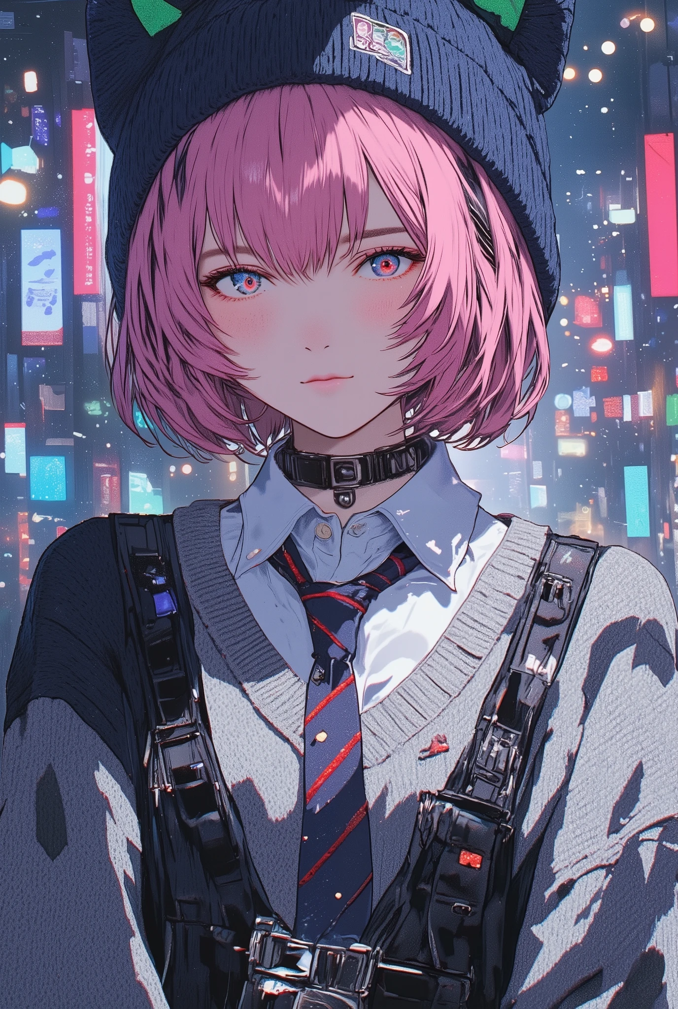 pink hair 、I'm wearing a long-sleeved sweater with a green highlight 、 short hair while on a business trip、Longer bangs、 navy blue knitted hat with cat ears、Blue Eyes、 Japanese high school girl、White V neck、V on top of the shirt purple line along the neck 、V shirt with light blue collar on the bottom of the neck、 red and navy blue striped tie loosely on the neck、 bokeh neon background full of cross lights 、The light of the cross overflows