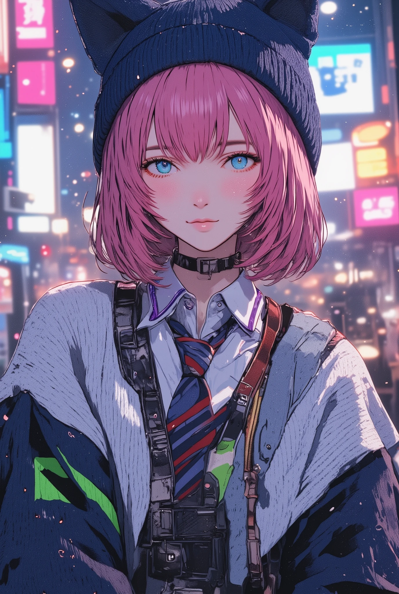 pink hair 、I'm wearing a long-sleeved sweater with a green highlight 、 short hair while on a business trip、Longer bangs、 navy blue knitted hat with cat ears、Blue Eyes、 Japanese high school girl、White V neck、V on top of the shirt purple line along the neck 、V shirt with light blue collar on the bottom of the neck、 red and navy blue striped tie loosely on the neck、 bokeh neon background full of cross lights 、The light of the cross overflows