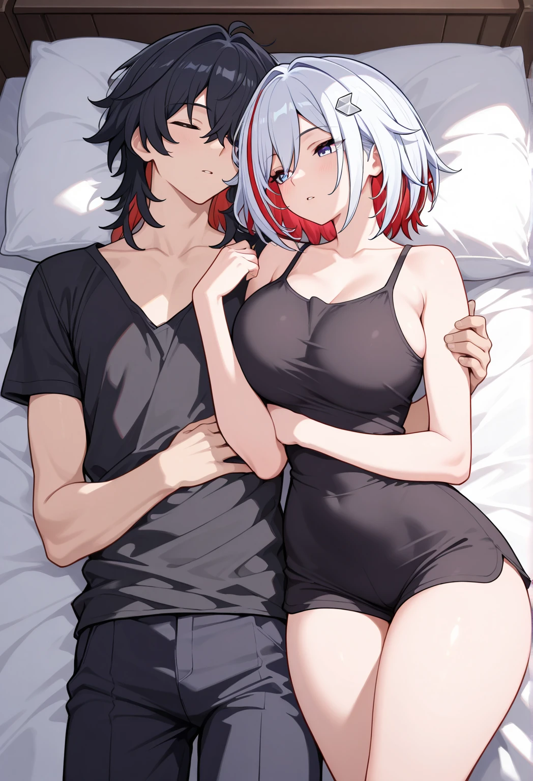 Best Quality , negro & white, Line art, 1 man and 1 woman, 23 years old, Whole body,-Half body, long, Dark, messy hair., White skin,, scary eyes, The sex scene in the manga is cute.: a couple, man and woman having sex in a hotel bed.