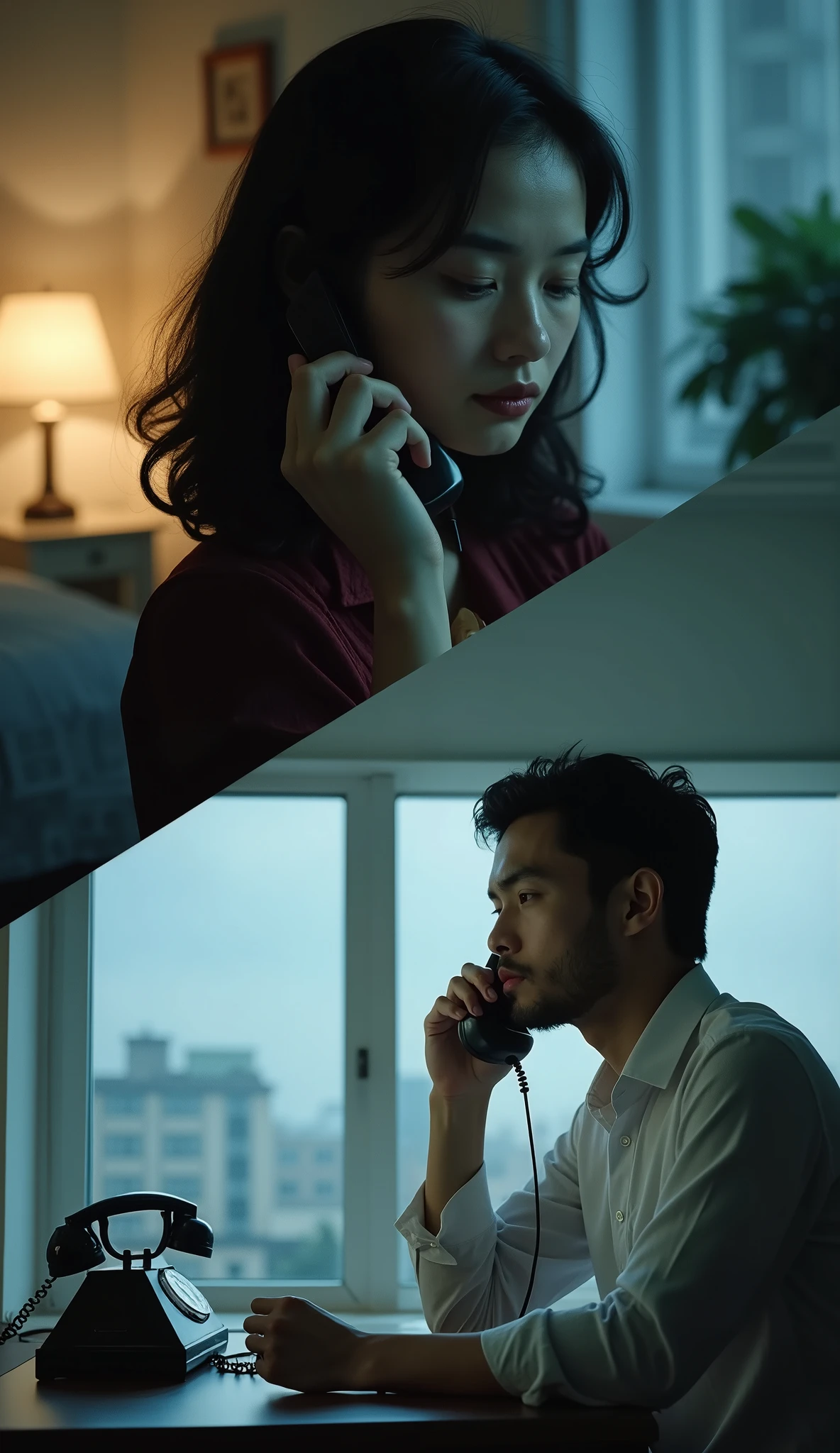 (\  put together two scenes far away in one picture  , Diagonally２Split Composition , Blurred boundaries, Bleeding Boundaries  \),   one man and one woman , Couple on the phone  , (   a woman is on the phone in the middle of the night from England   , Bedroom at night), break (   A man is talking on an old antique phone during the daytime from Vietnam,  sunny workplace ),   2 scenes are output to one screen   , Diagonally delimited seamless division