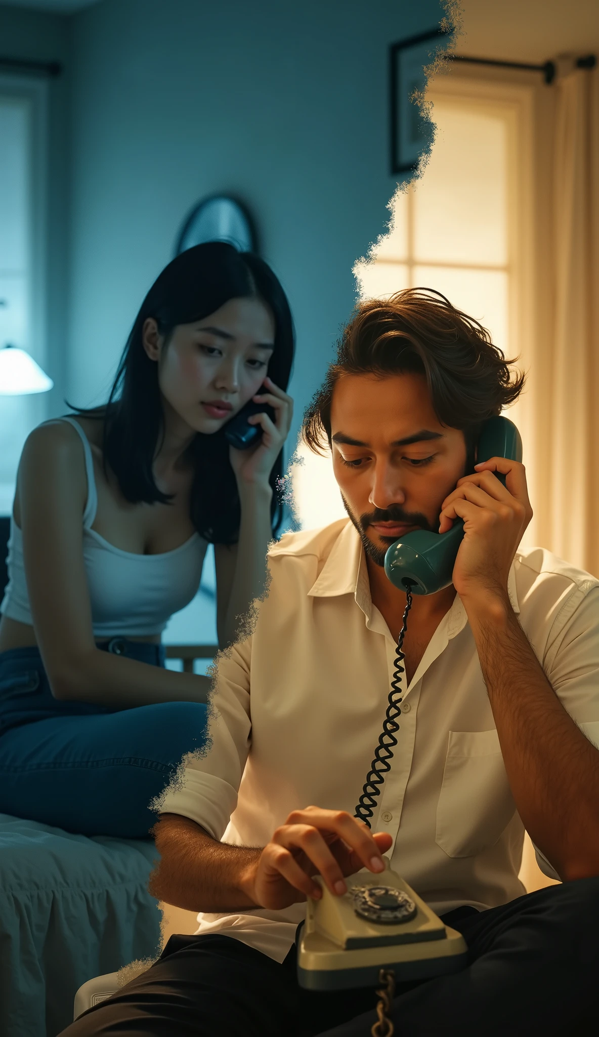 (\  put together two scenes far away in one picture  , Diagonally２Split Composition , Blurred boundaries, Bleeding Boundaries  \),   one man and one woman , Couple on the phone  , (   a woman is on the phone in the middle of the night from England   , Bedroom at night), break (   A man is talking on an old antique phone during the daytime from Vietnam,  sunny workplace ),   2 scenes are output to one screen   , Diagonally blur delimited seamless division