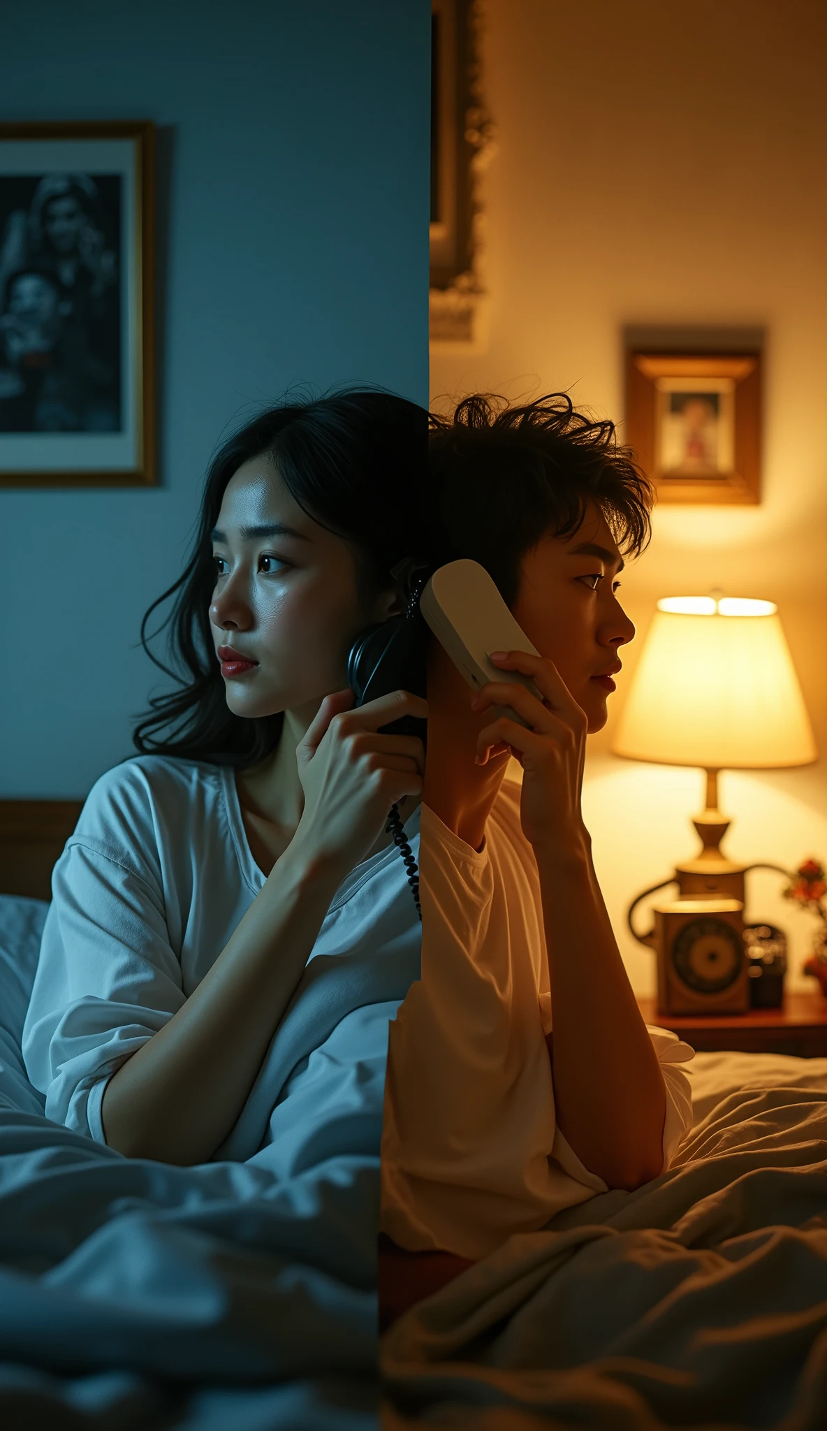 (\  put together two scenes far away in one picture  , Diagonally２Split Composition , Blurred boundaries, Bleeding Boundaries  \),   one man and one woman , Couple on the phone  , (   a woman is on the phone in the middle of the night from England   , Bedroom at night), break (   A man is talking on an old antique phone during the daytime from Vietnam,  sunny workplace ),   2 scenes are output to one screen   , (Diagonally blur delimited seamless division, Across the border、 The scene changes seamlessly across the border)