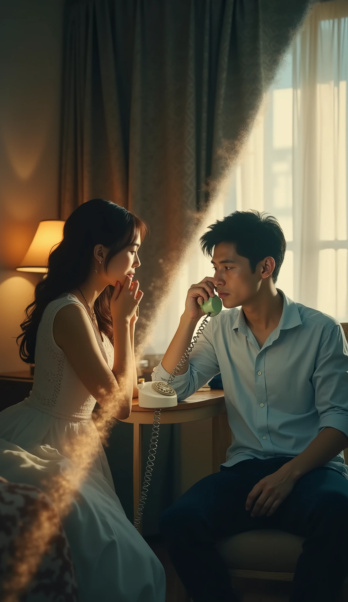 (\ put together two scenes far away in one picture , Diagonally2Split Composition , Blurred boundaries, Bleeding Boundaries \), one man and one woman , Couple on the phone , ( a woman is on the phone in the middle of the night from England , Bedroom at night), break ( A man is talking on an old antique phone during the daytime from Vietnam, sunny workplace ), 2 scenes are output to one screen , (Diagonally blur delimited seamless division, Across the border、 The scene changes seamlessly across the border)