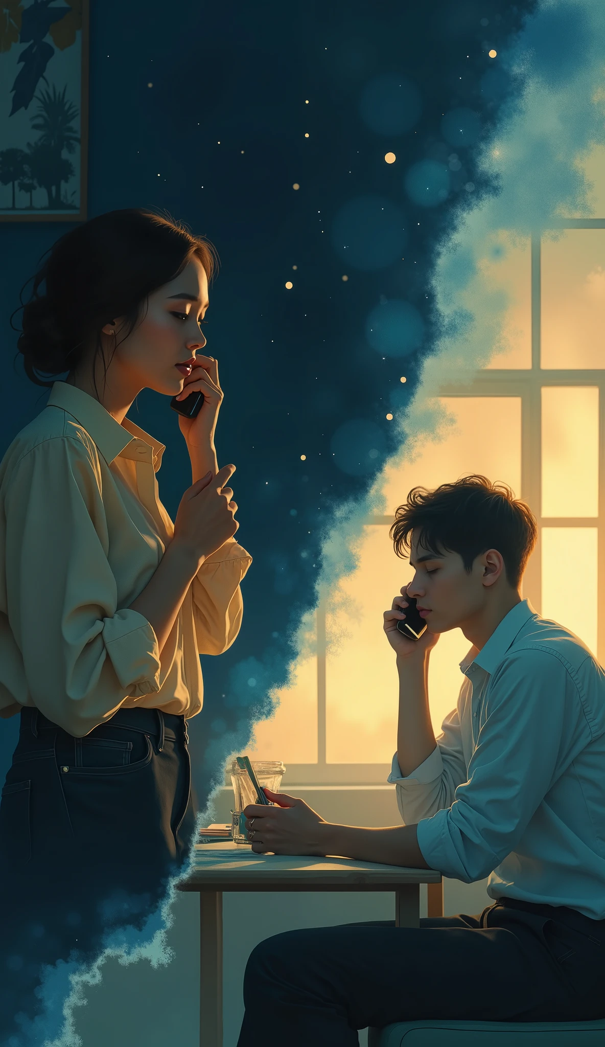 (\ put together two scenes far away in one picture , Diagonally2Split Composition , Blurred boundaries, Bleeding Boundaries \), one man and one woman , Couple on the phone , ( a woman is on the phone in the middle of the night from England , Bedroom at night), break ( A man is talking on an old antique phone during the daytime from Vietnam, sunny workplace ), 2 scenes are output to one screen , (Diagonally blur delimited seamless division, Across the border、 The scene changes seamlessly across the border)