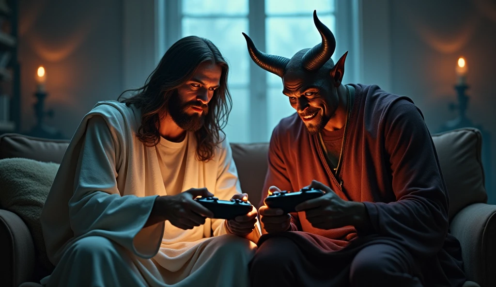 Jesus playing video games with the Devil( detail the tv does not appear).