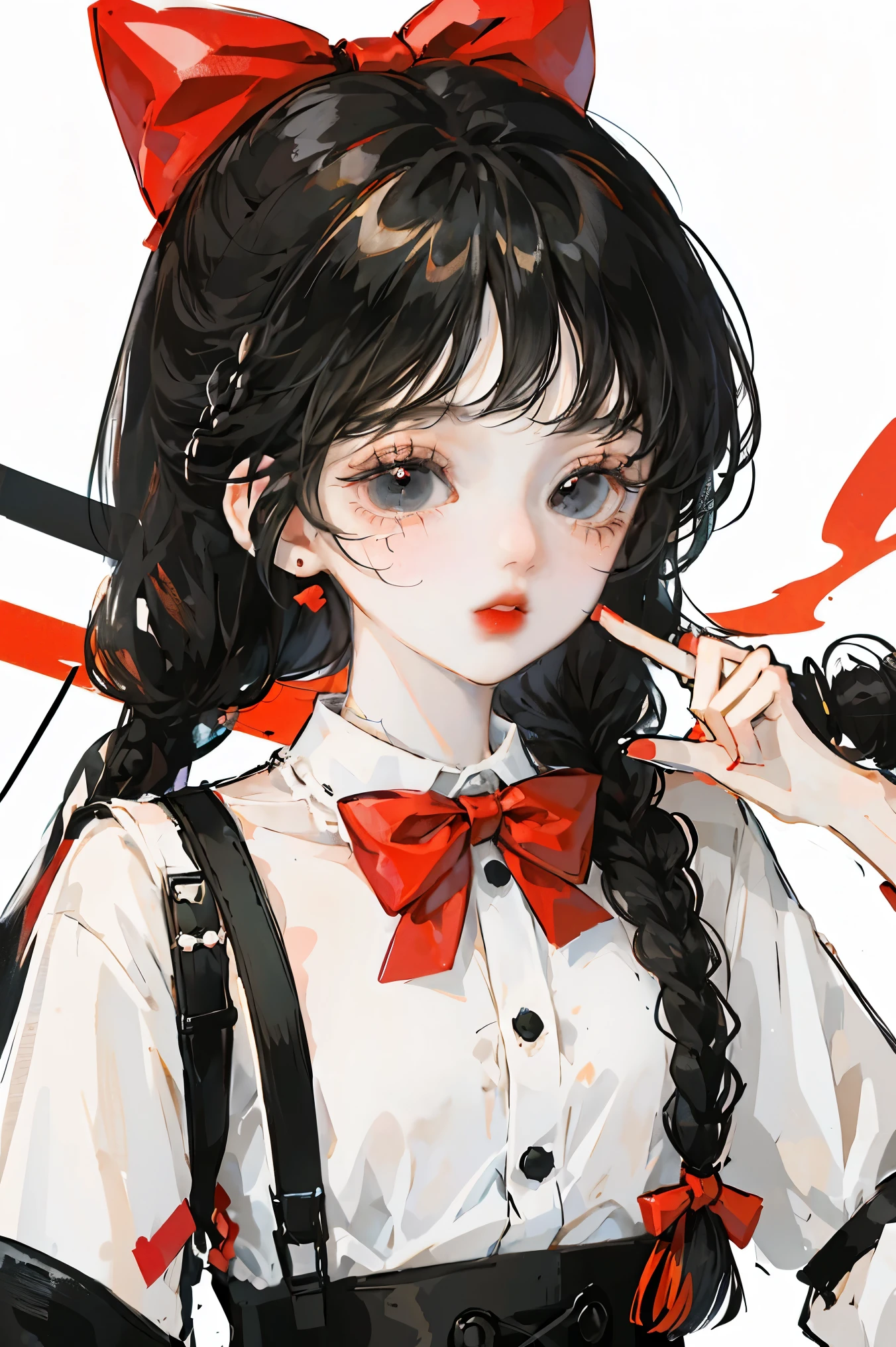 Girl with long hair, black eyes, super small head, cute, braided hair, red bow tie, kawaii