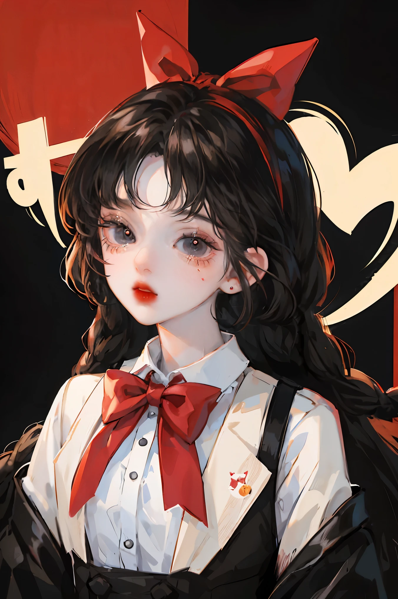 Girl with long hair, black eyes, super small head, cute, braided hair, red bow tie, kawaii