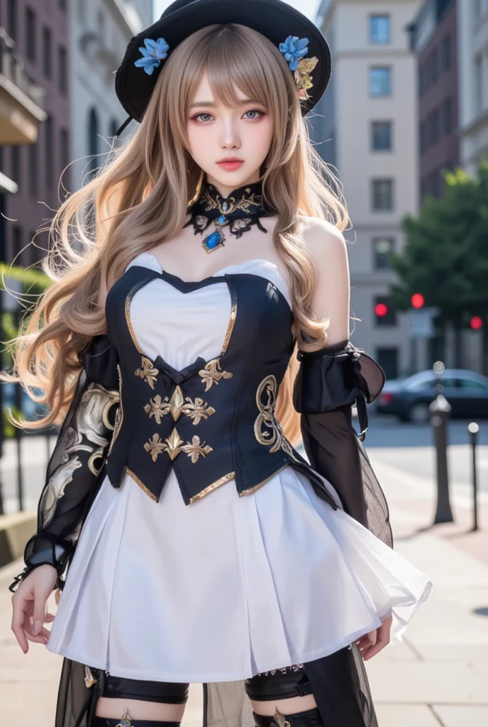 detailed face, cute face,brown eye, ((highest quality)), ((masterpiece)), ((1 girl)), alone, ferry, ((long hair)), ferryBase, ((Thighhighs)), bare shoulders, ((jewelry)), ((No sleeve)), white dress, blue skirt, ((gloves)), thigh height,