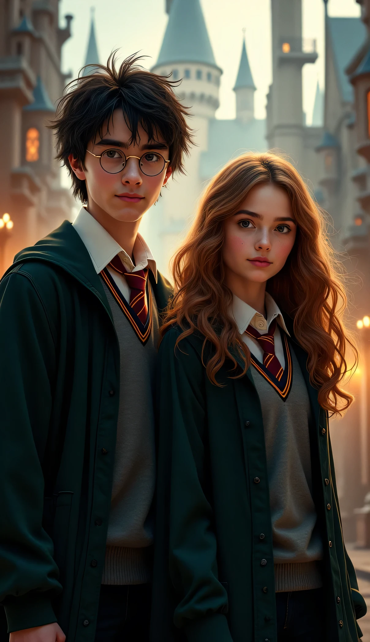 Create a sticker with white borders from a scene from the Harry Potter movie where 2 characters, boy and girl, appear. in high resolution with a blurred background, cinema image and hyperrealism.