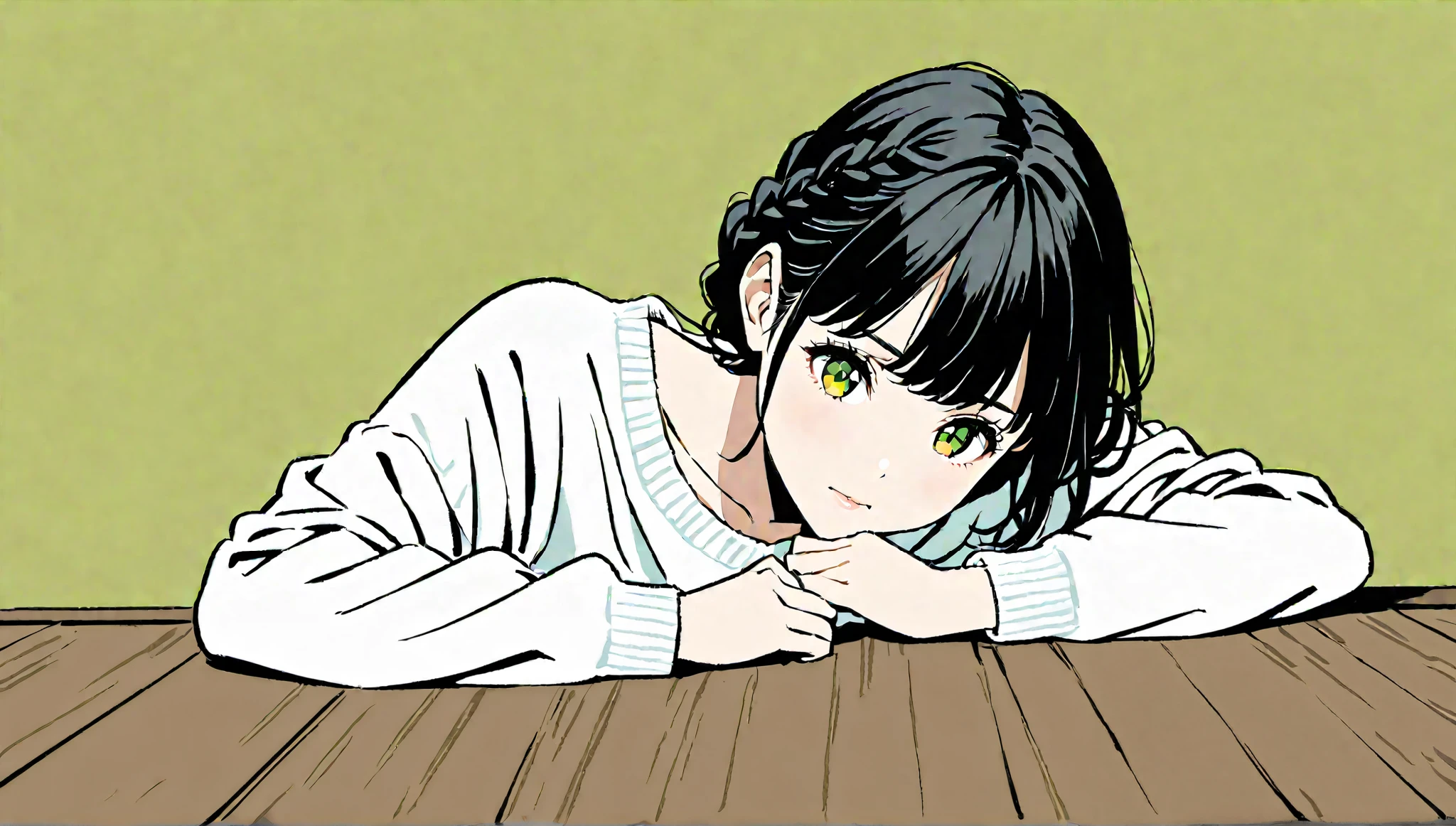 ((1 cup on the table )),(Pop Color)),masterpiece, ((( upper body lying face down on the table))), with a bleak expression、Highest quality, Beautiful attention to detail, Very detailed, In detail, High resolution, Perfect Anatomy, , , girl, (one person:1.5), alone, (Braided hairstyle for black hair), Black Eyewear、 ( in a white sweater ), (( Simple Solid Color Background))), Background, (City Pop anime), Kyoto Animation, ,anime,