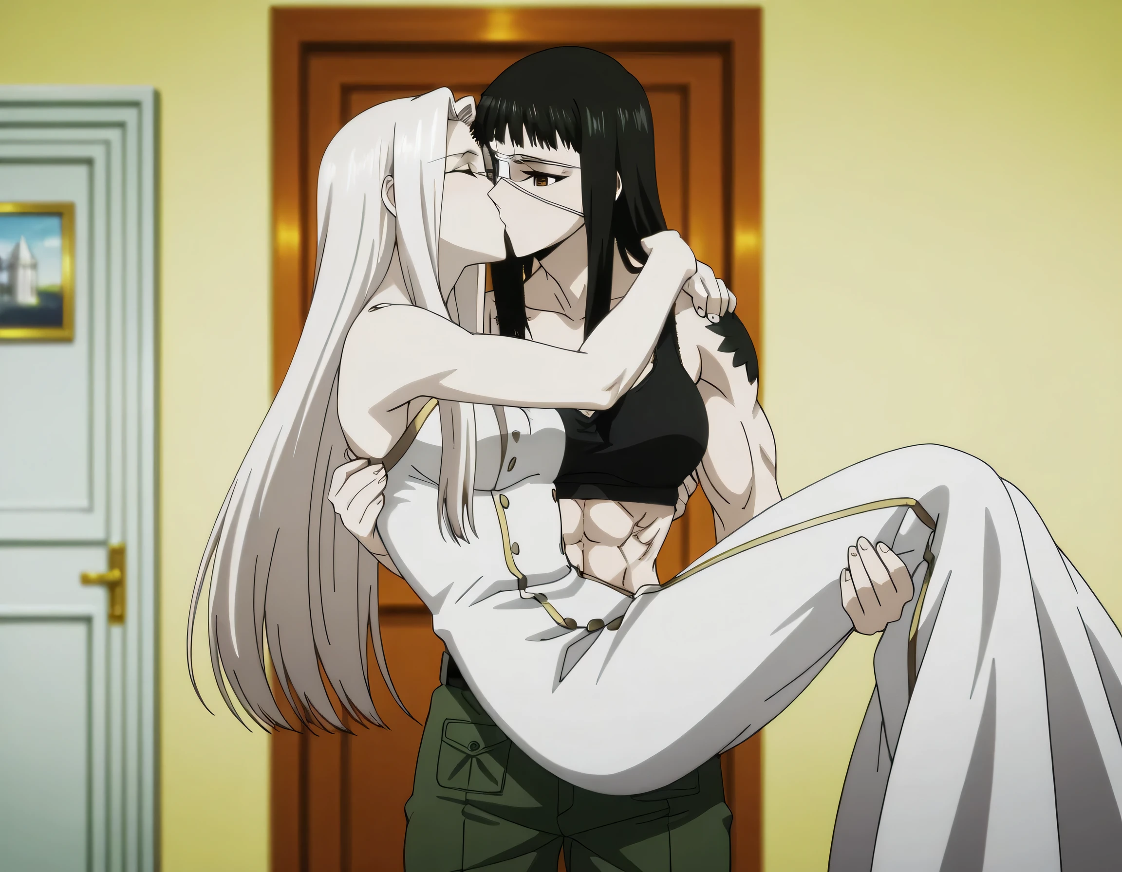 2girl,solo,mm,mature female,black hair,eyepatch,brown eyes,medium breasts,anime coloring,long hair, muscular,black sport bra and green military trousers with belt,cowboy shot, ,military base, tattoo, ,masterpiece,best quality,amazing quality,pelvis muscles,muscles lines,Valmet with beautiful irisviel having a long gray hair,irisviel wearing white dress,irisviel soft body,lesbians,yuri,irisviel shorter than valmet,Valmet carrying irisviel in princess carry,irisviel back front Valmet,Valmet her arms Around irisviel stomach,Valmet and irisviel deep kissing,eyes closed,irisviel arms around Valmet neck,light trun off in room, Valmet×irisviel,kissing each other